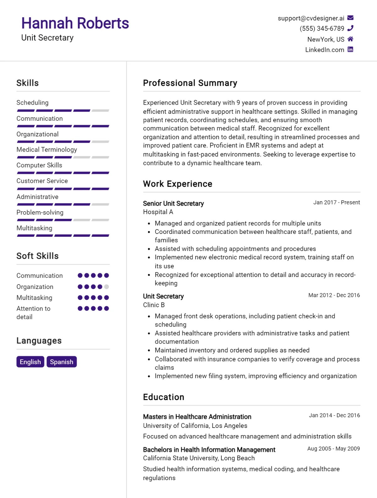 Unit Secretary CV Example For 2026: Tips & Templates Preview
