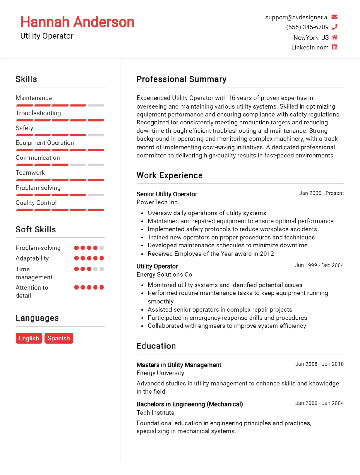 Utility Operator CV Example For 2026: Examples & Free Templates Preview
