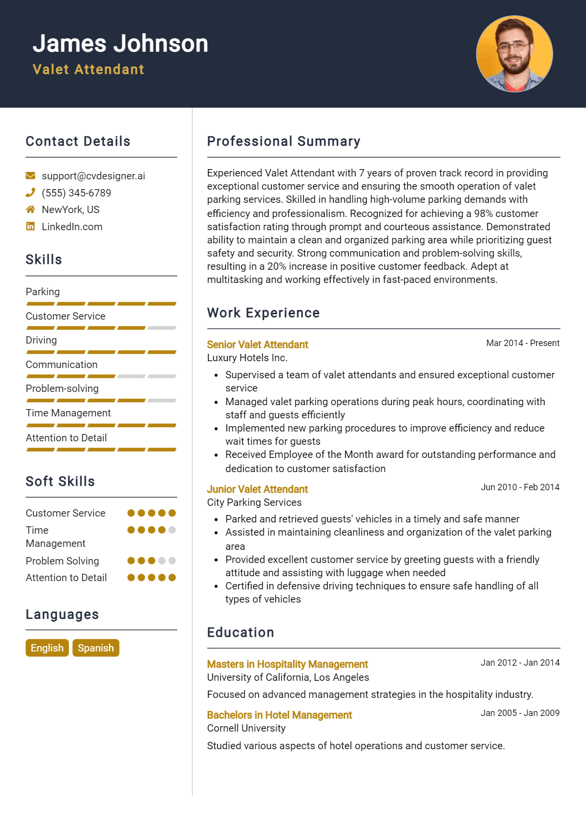Valet Attendant Resume Example for 2026: Free Examples Preview