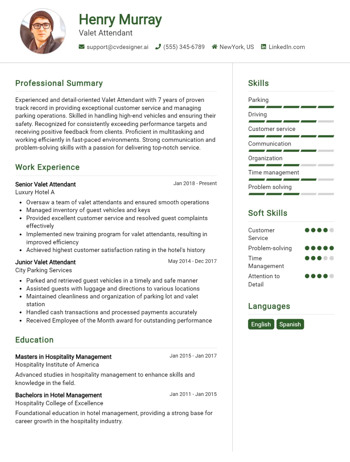 Valet Attendant CV Example For 2026: Free Downloadable Templates Preview