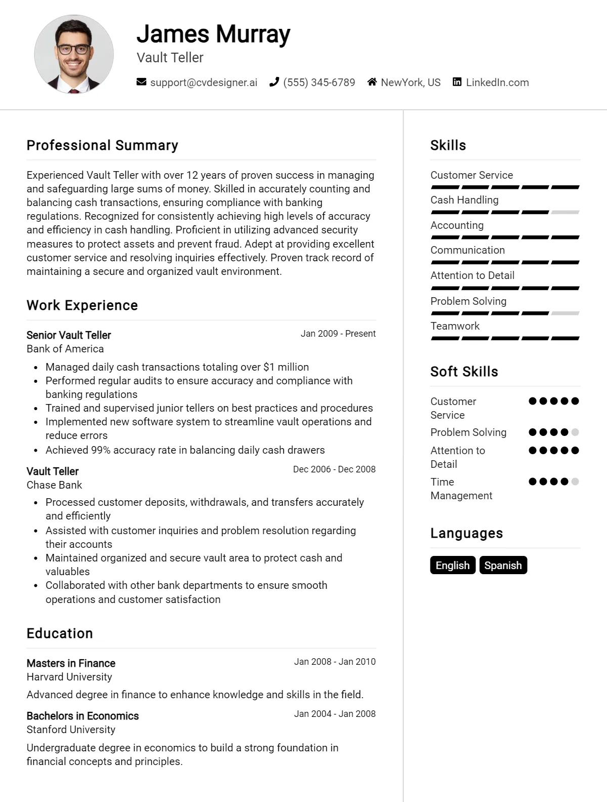 Vault Teller CV Example For 2026: Professional CV Templates Preview