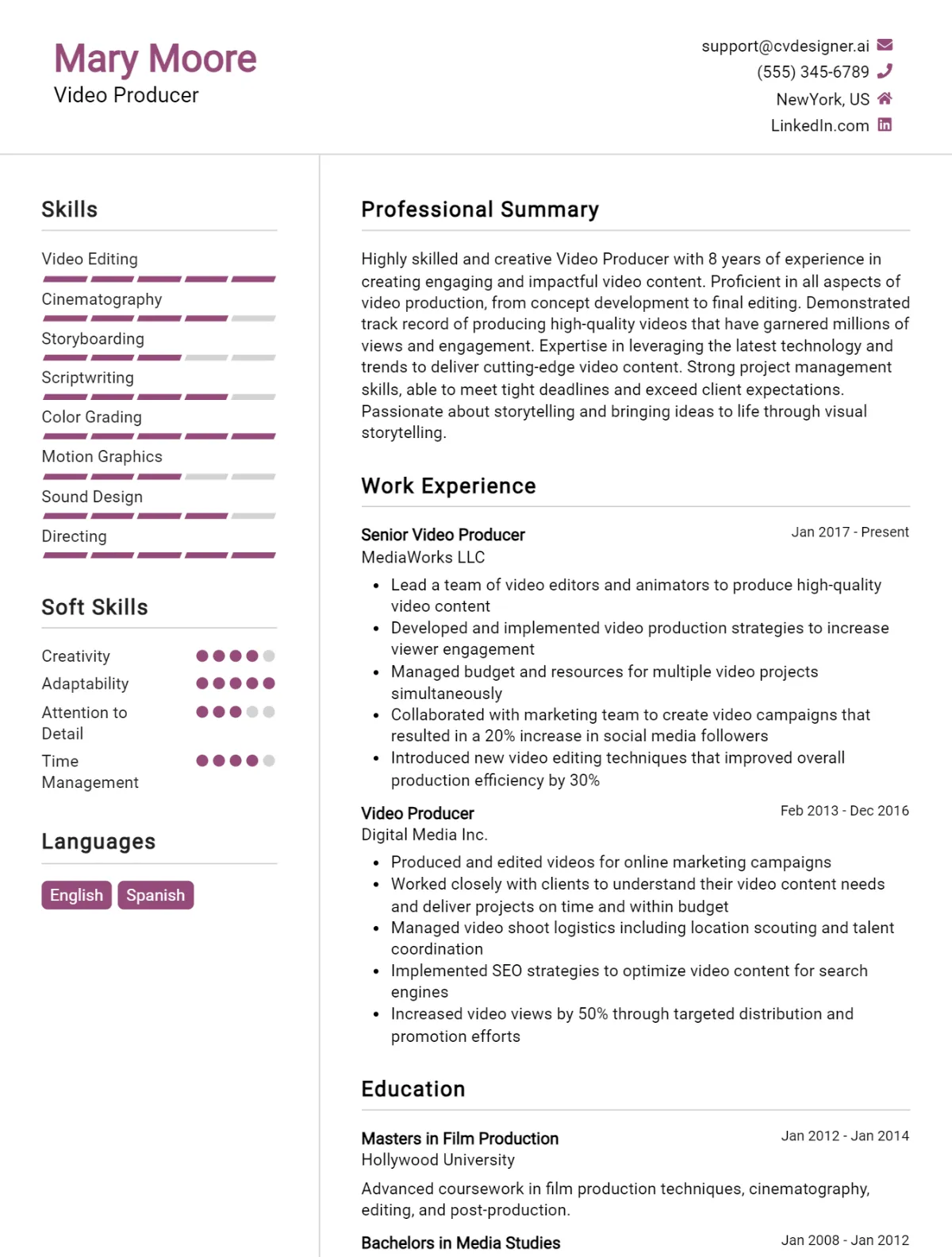 Video Producer CV Example For 2026: Proven Tips & Templates Preview