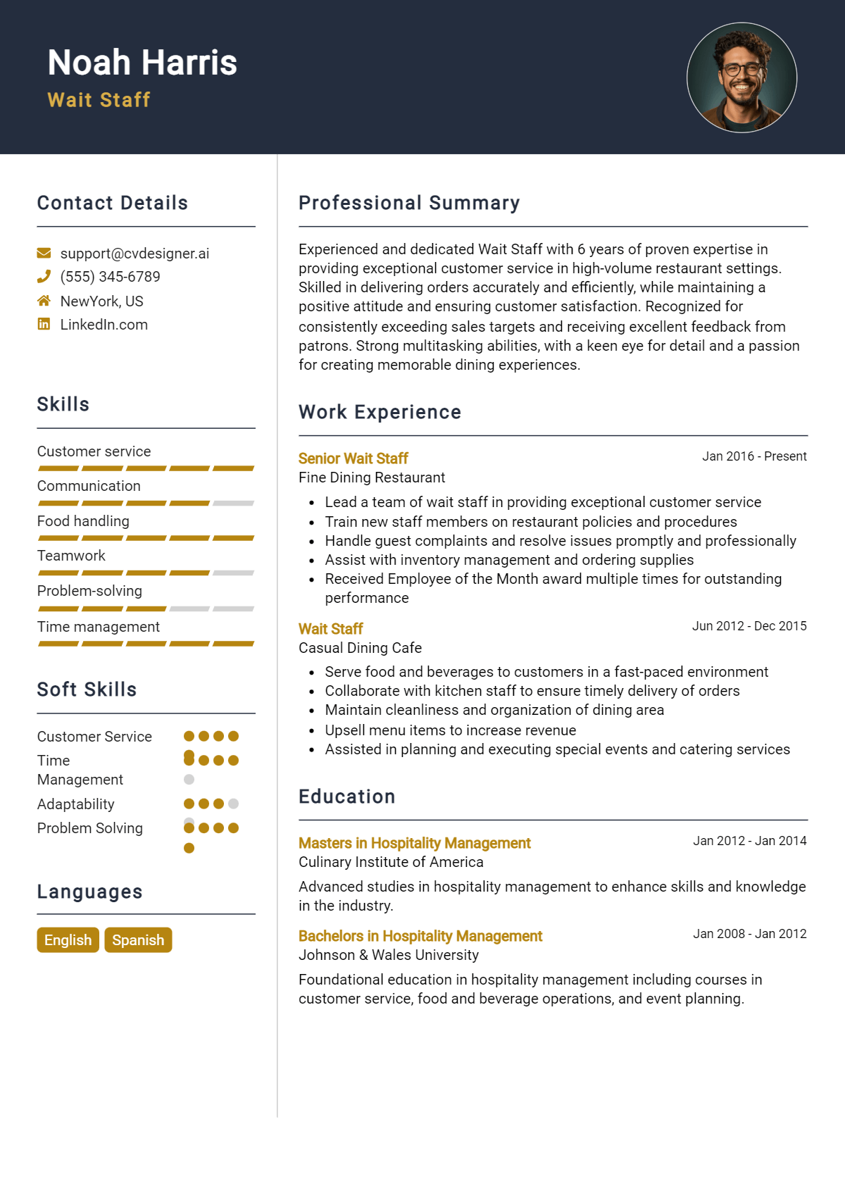 Wait Staff Resume Example for 2026: Free Professional Templates Preview