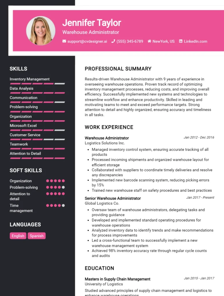 Warehouse Administrator CV Example