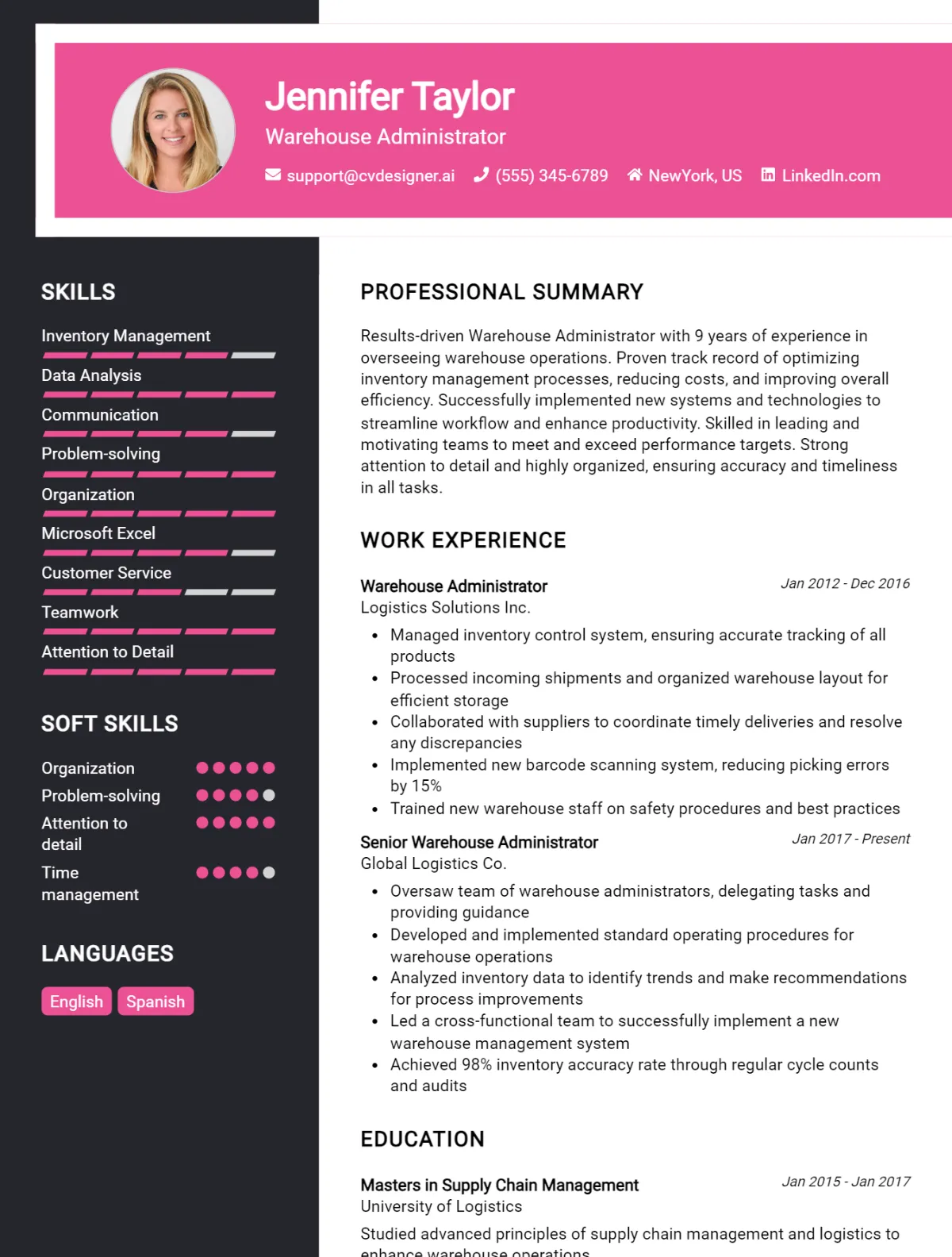 Warehouse Administrator CV Example For 2026: Professional CV Templates Preview