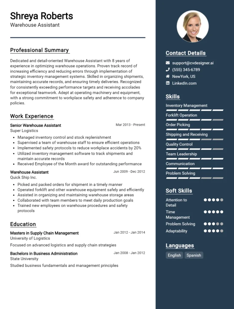 Warehouse Assistant CV Example