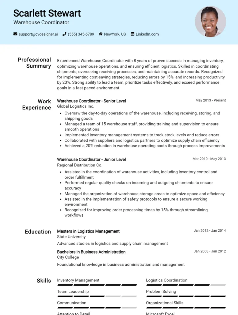 Warehouse Coordinator CV Example