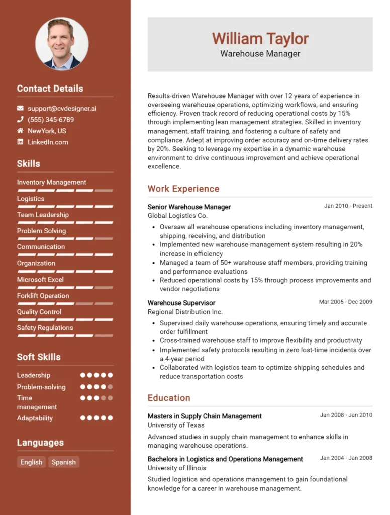 Warehouse Manager CV Example