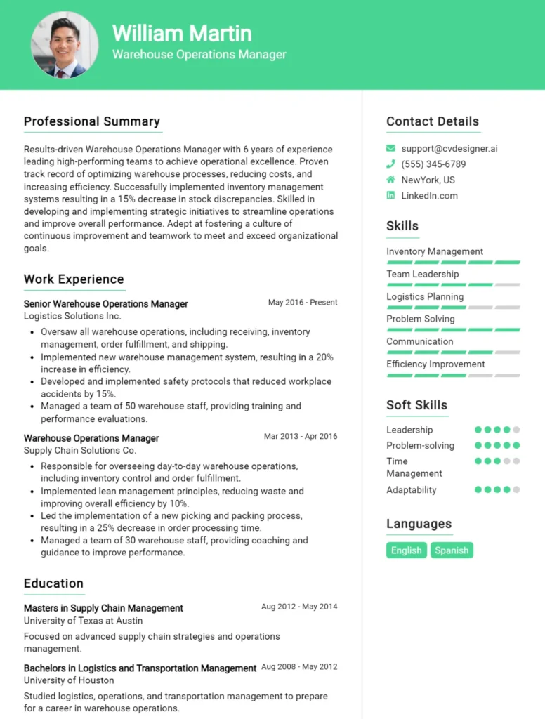 Warehouse Operations Manager CV Example