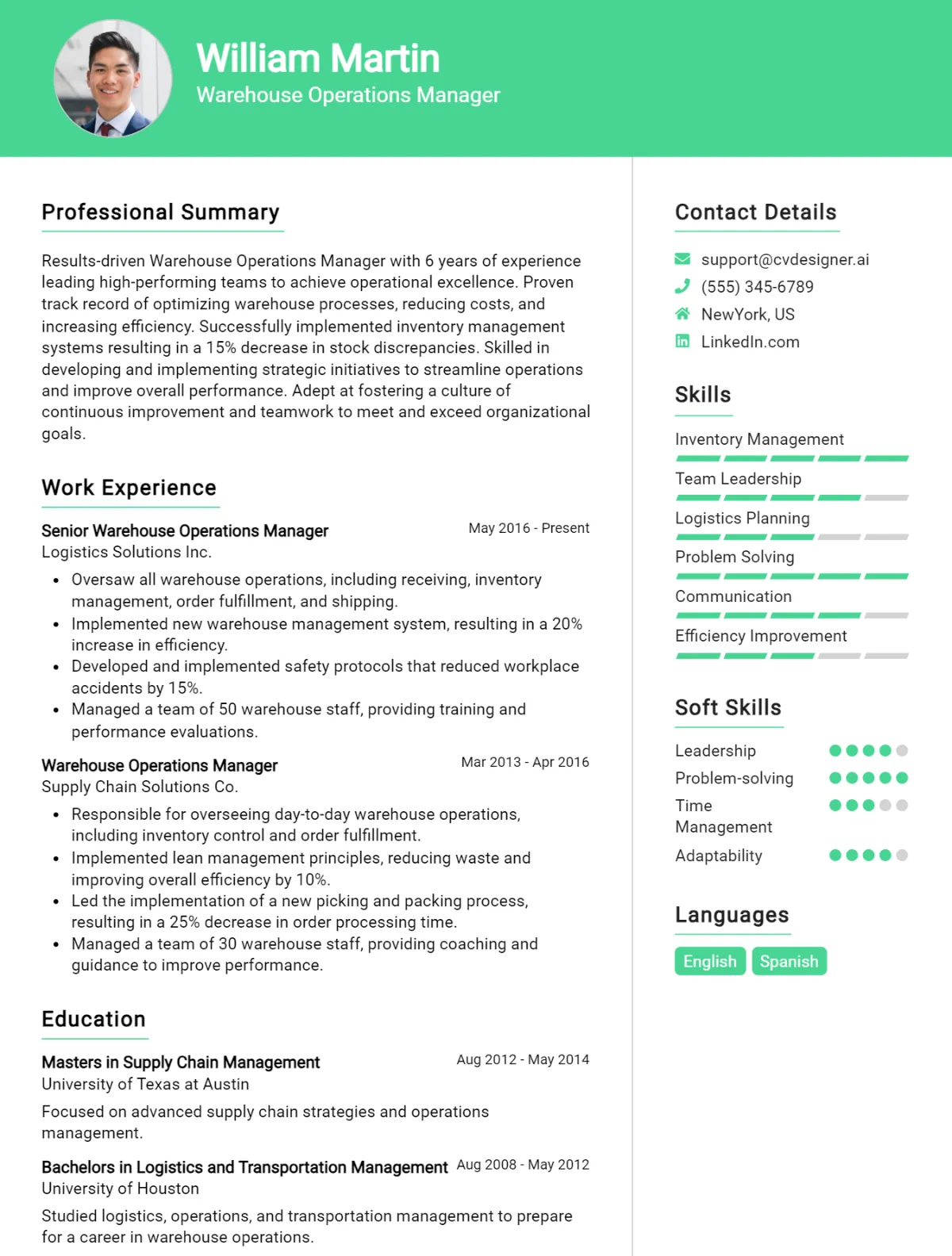 Warehouse Operations Manager CV Example For 2026: Free Professional Templates Preview
