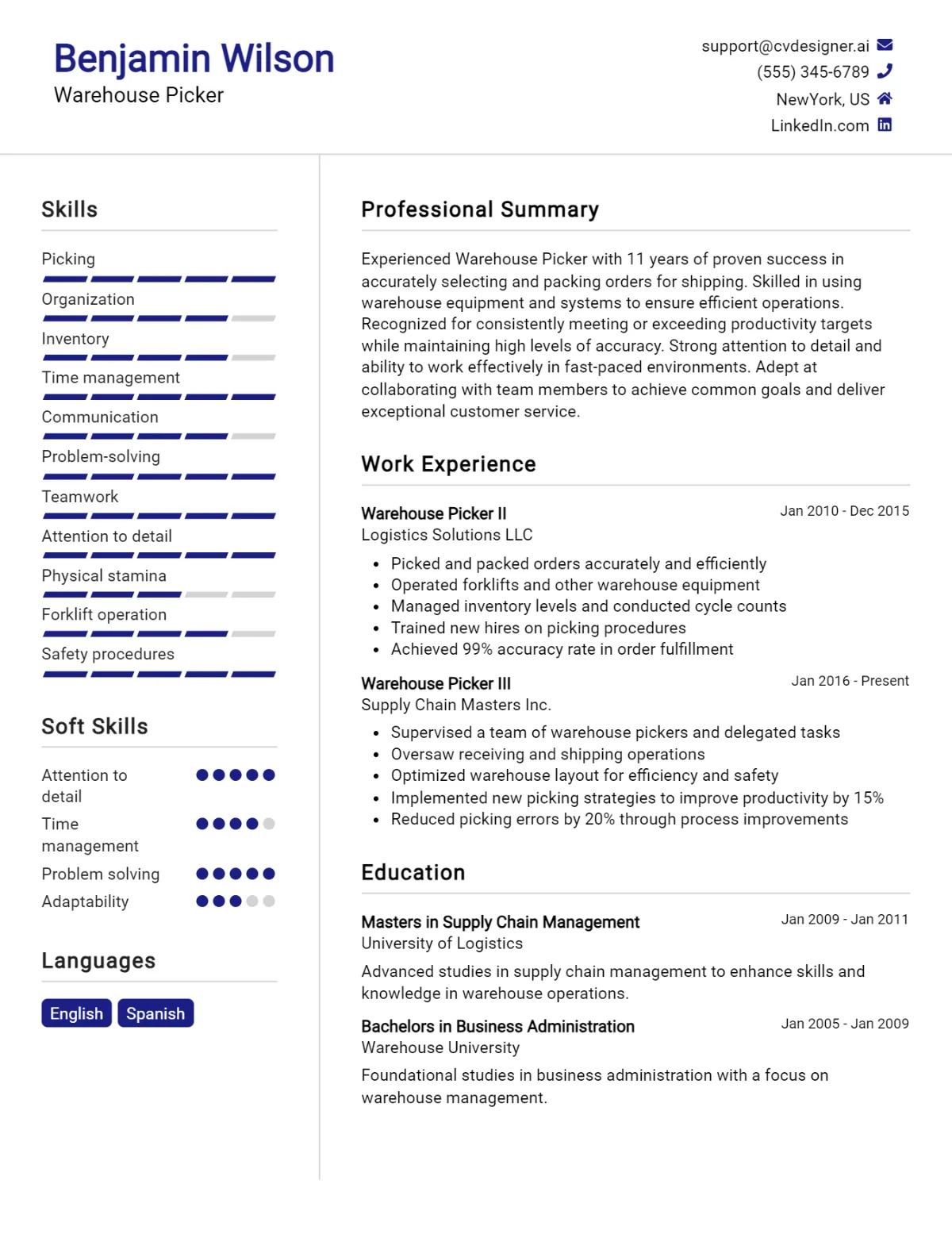 Warehouse Picker CV Example For 2026: Professional CV Templates Preview