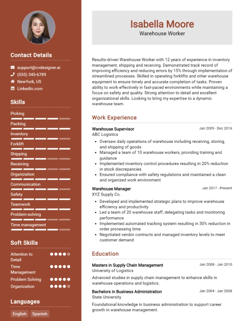 Warehouse Worker CV Example