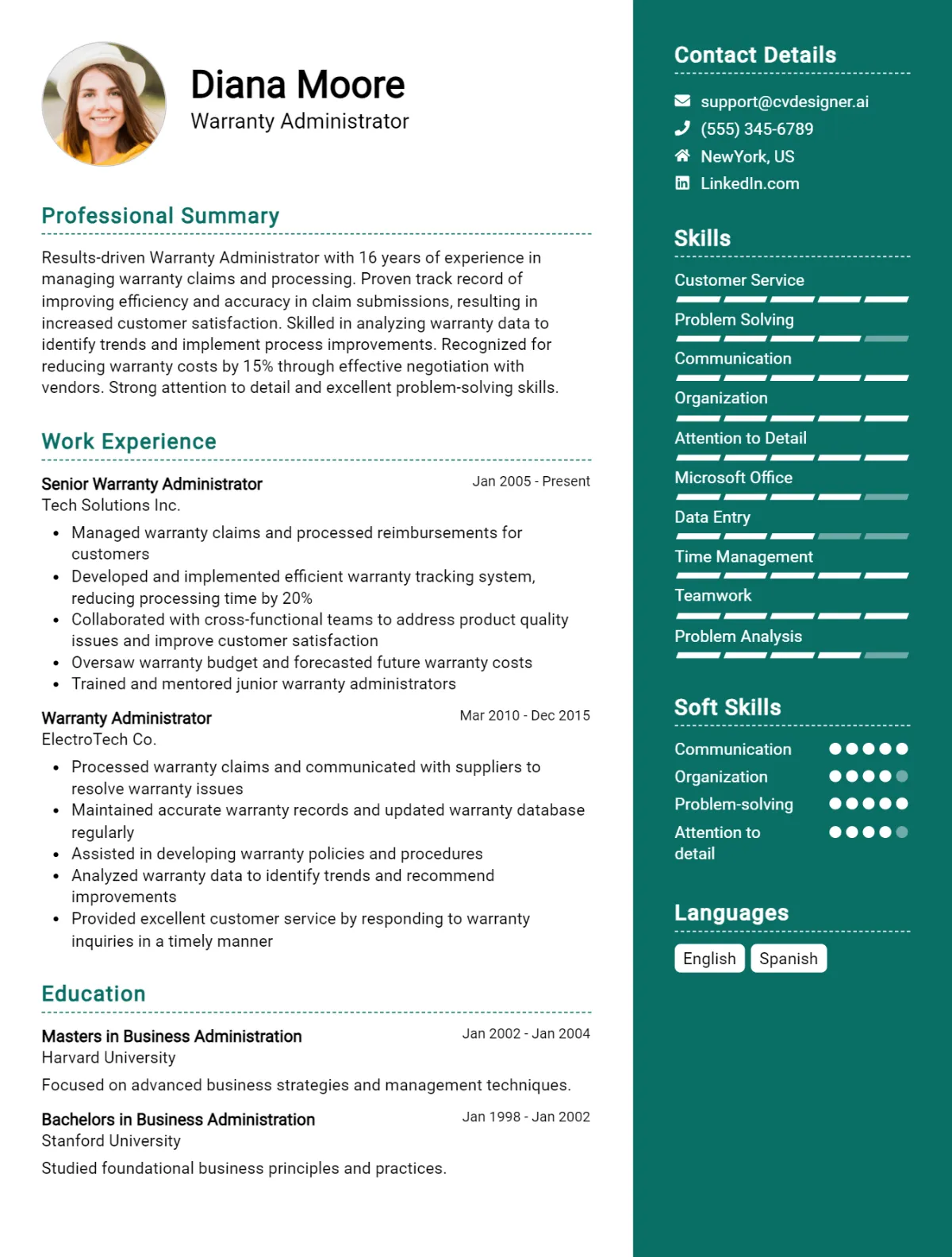 Warranty Administrator CV Example For 2026: Free Downloadable Templates Preview