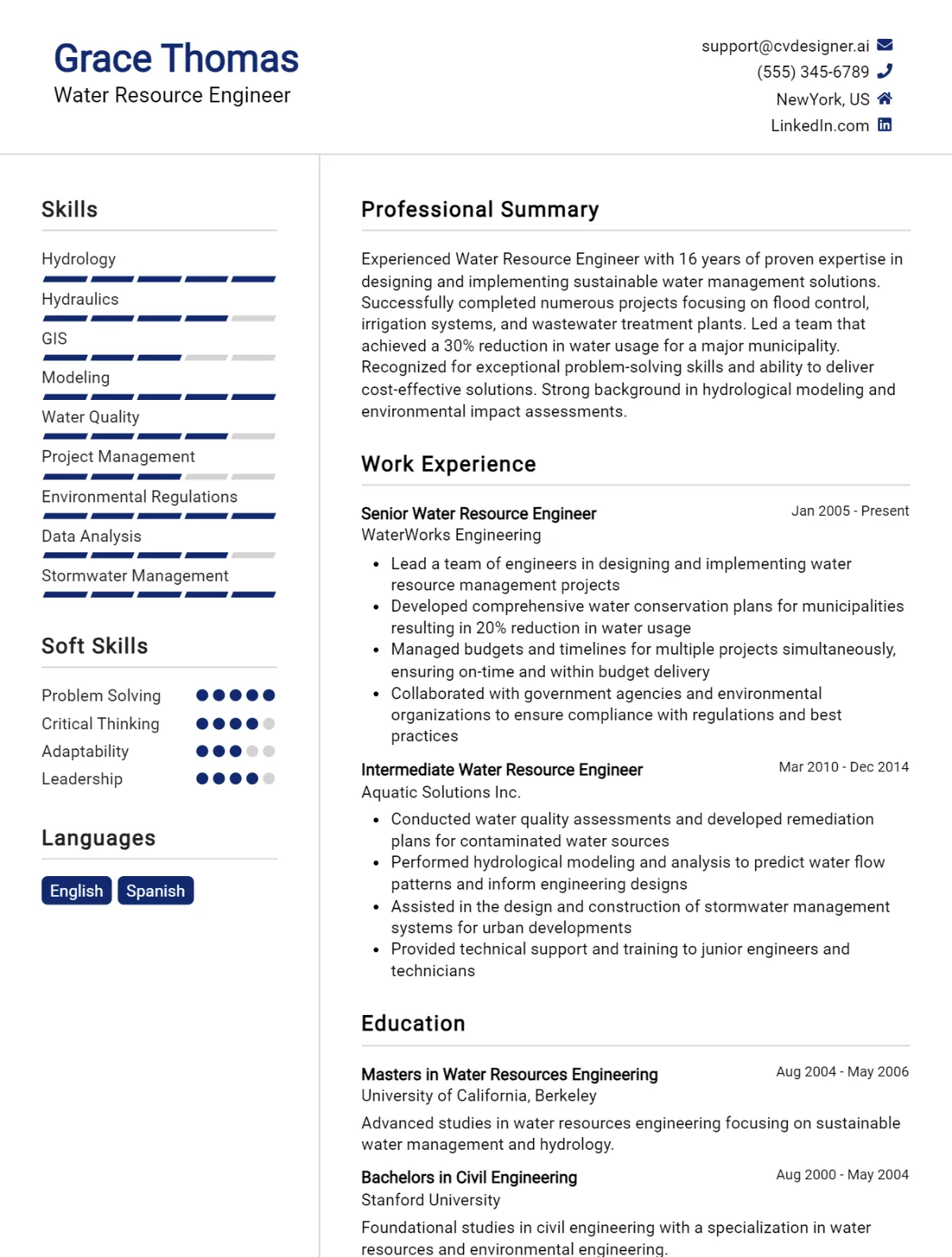 Water Resource Engineer CV Example For 2026: Top Tips & Samples Preview