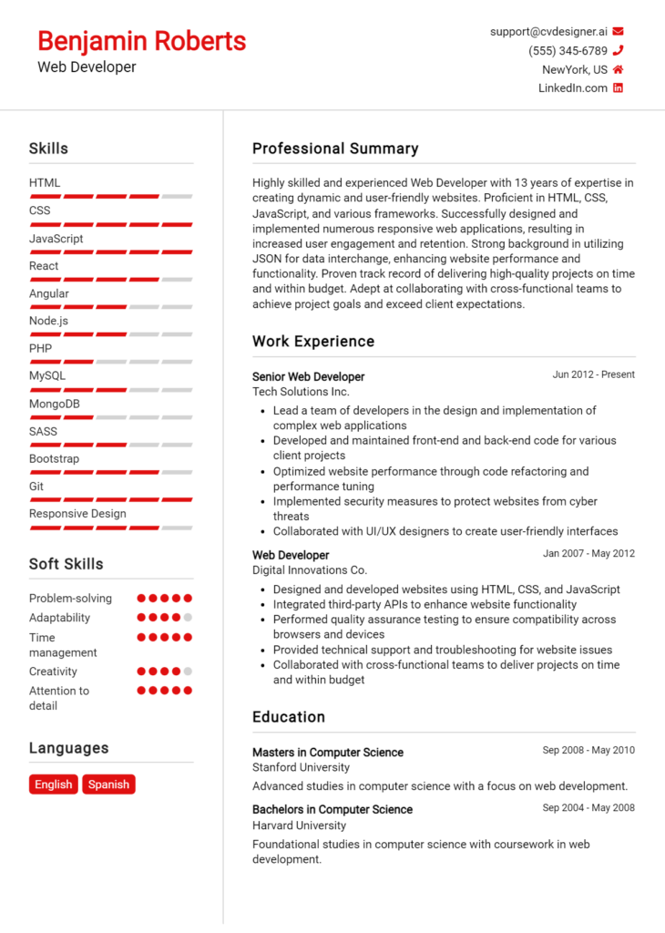 Web Developer Resume Example