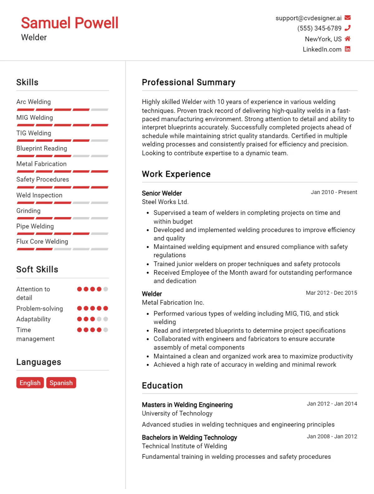 Welder CV Example For 2026: Free Professional Templates Preview