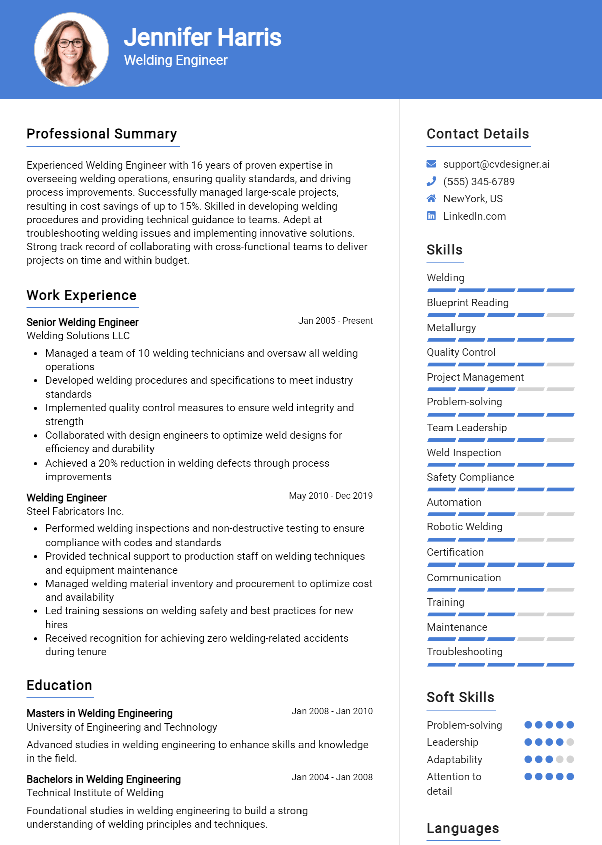 Welding Engineer Resume Example for 2026: Tips & Templates Preview