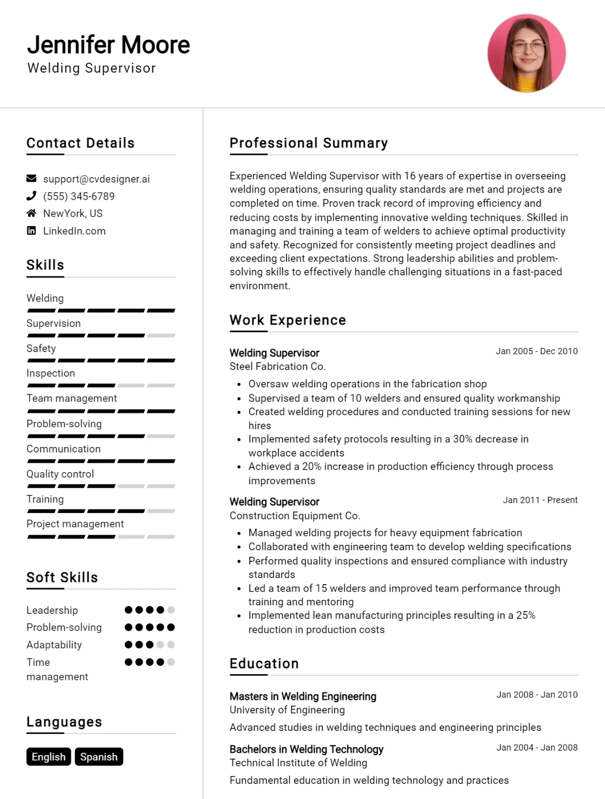 Welding Supervisor CV Example For 2026: Professional CV Templates Preview
