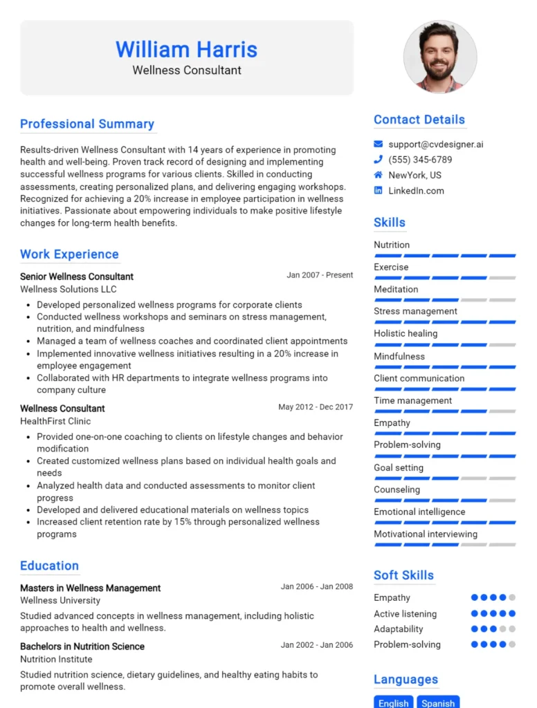 Wellness Consultant CV Example