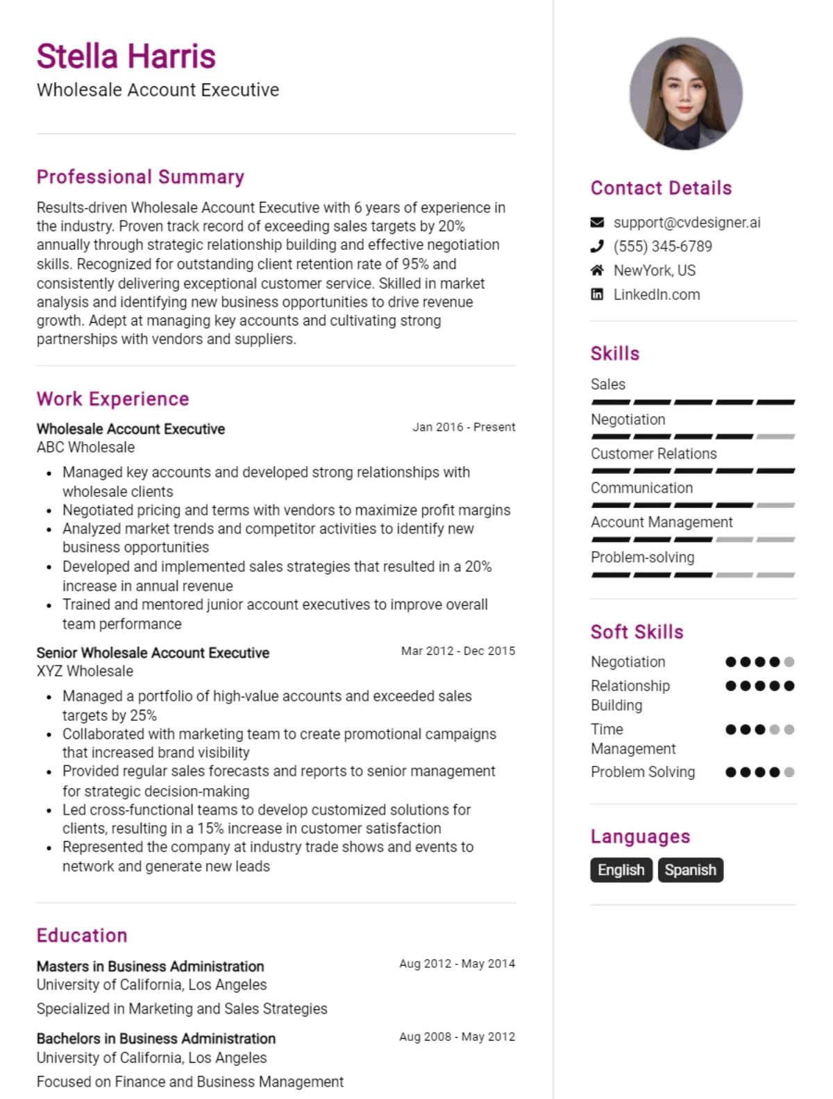 Wholesale Account Executive CV Example For 2026: Free Templates Preview