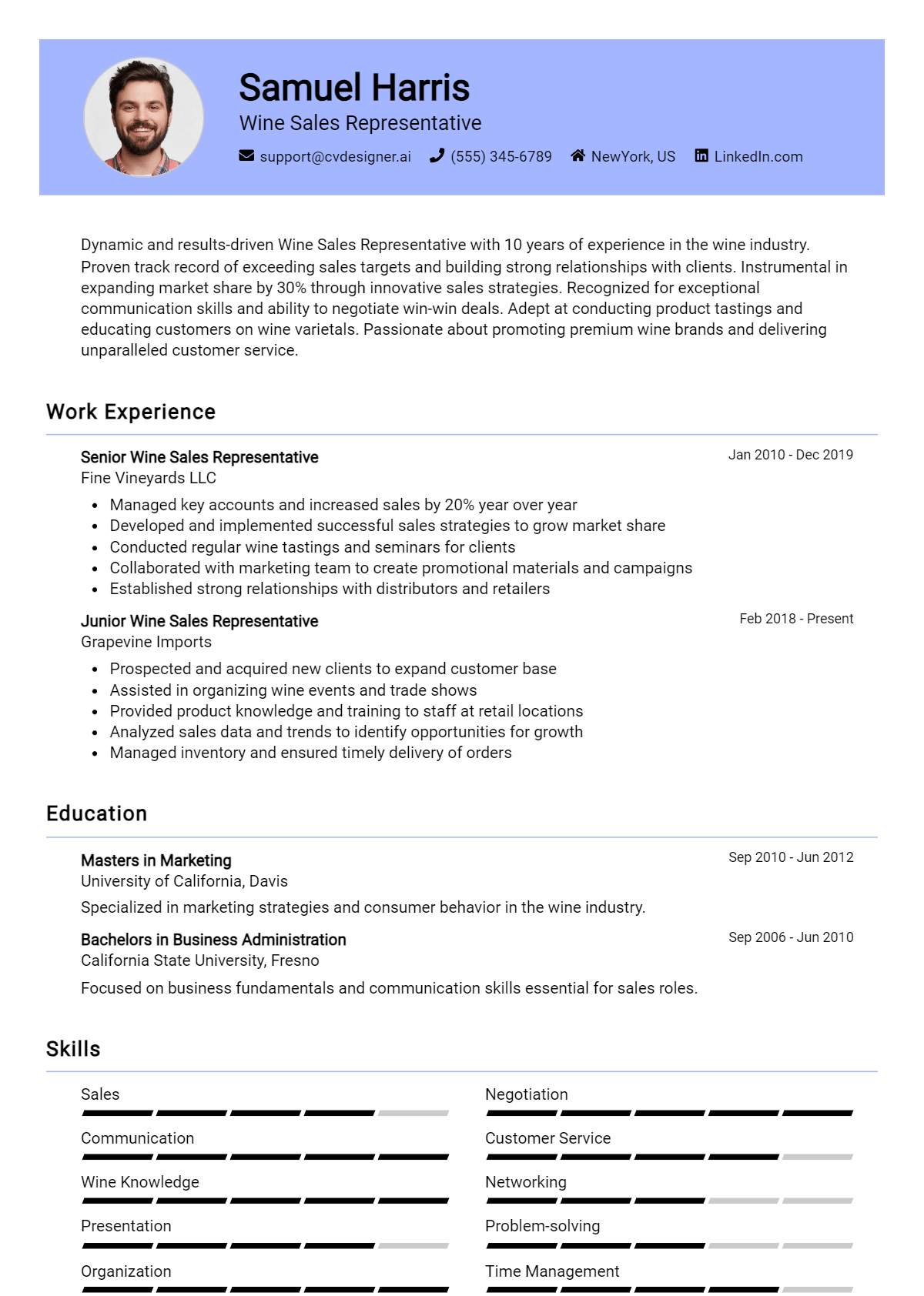 Wine Sales Representative Resume Example for 2026: Top CV Skills Preview