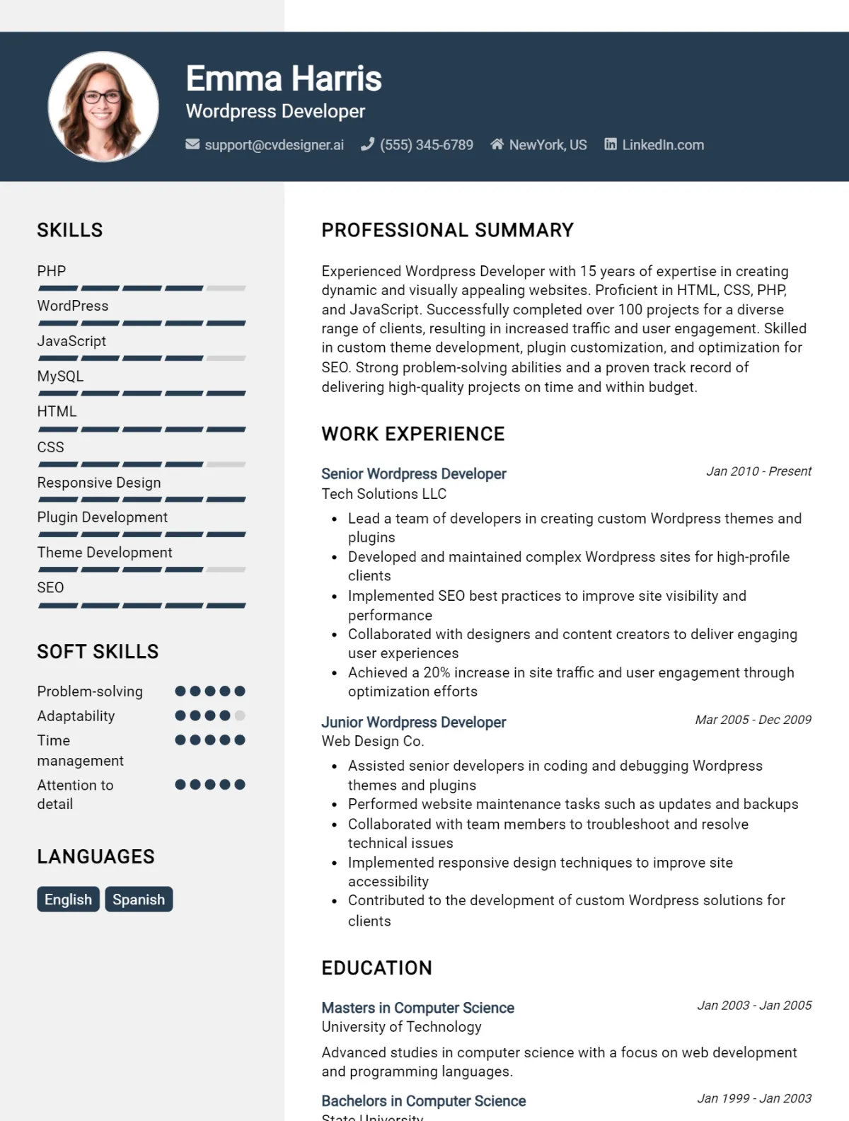 WordPress Developer CV Example For 2026: Free Professional Templates Preview