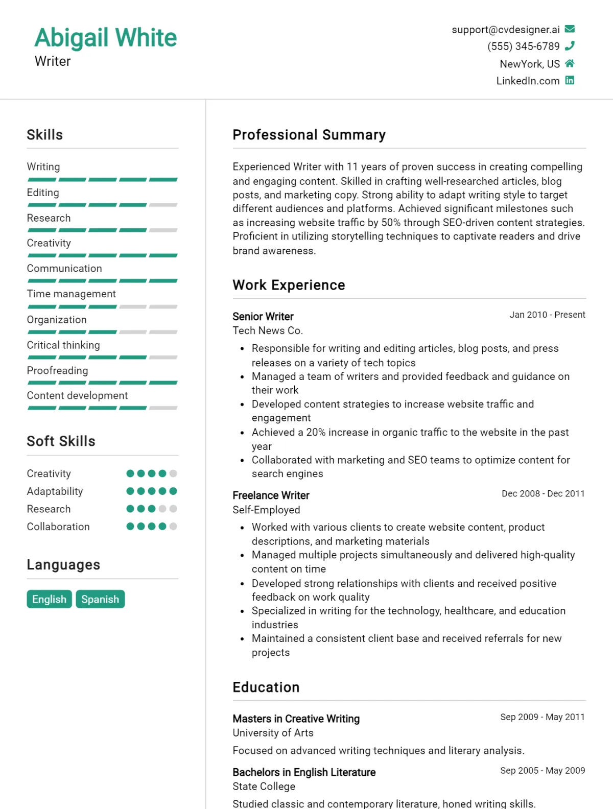 Writer CV Example For 2026: Top CV Skills Preview