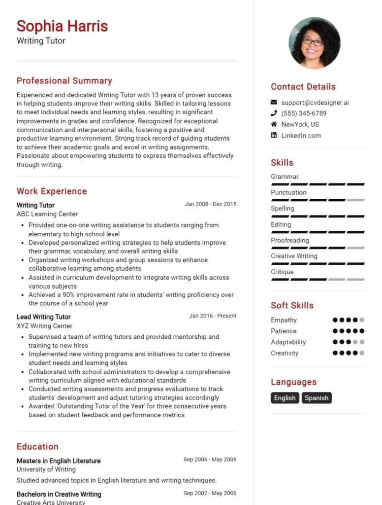 Writing Tutor CV Example