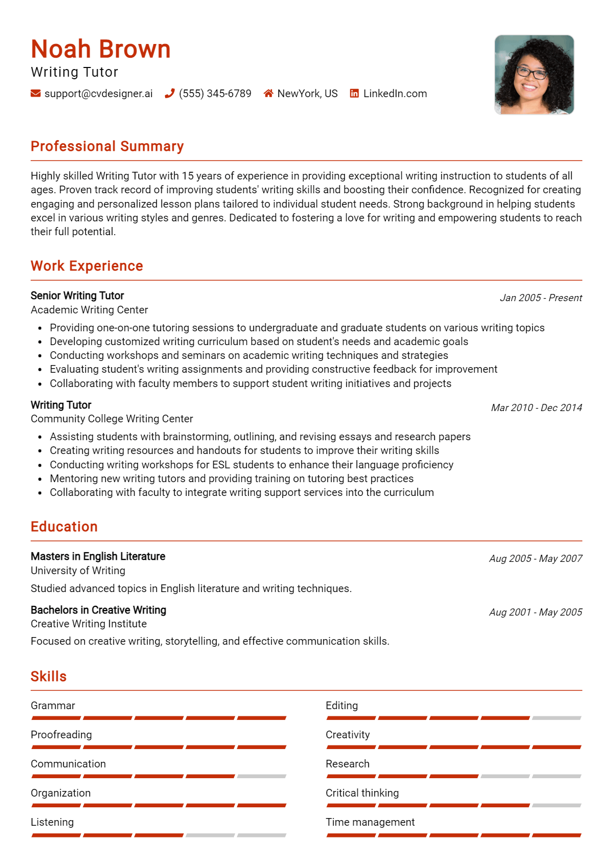 Writing Tutor Resume Example for 2026: Examples & Free Templates Preview