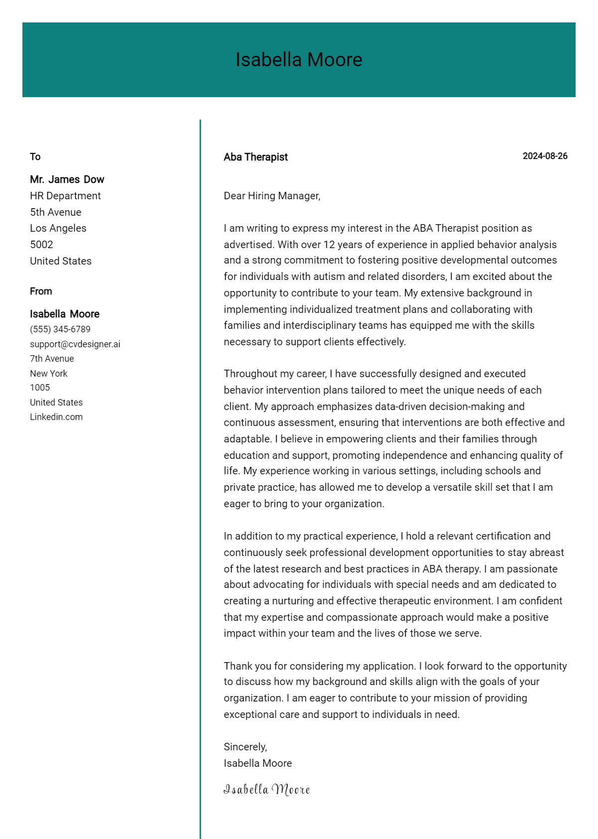 Aba Therapist Cover Letter Example for 2026 (Complete Writing Guide) Preview