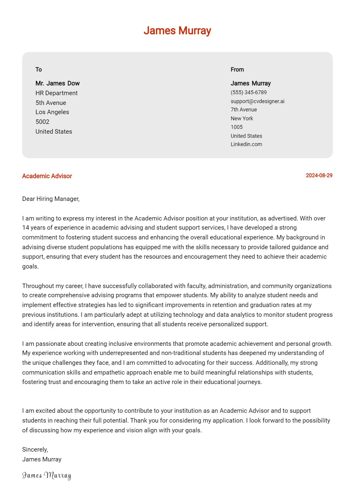 Academic Advisor Cover Letter Example for 2026 (Complete Writing Guide) Preview