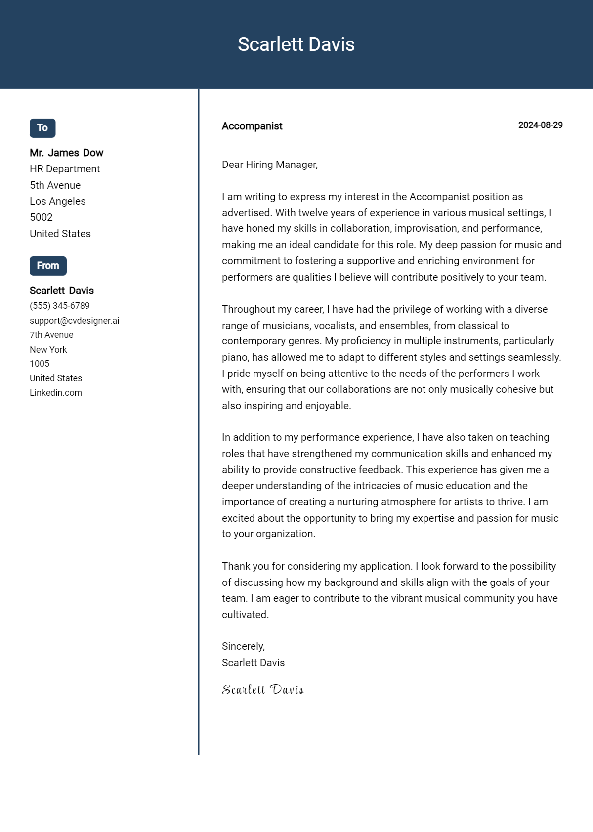 Accompanist Cover Letter Samples & Examples 2026 Preview
