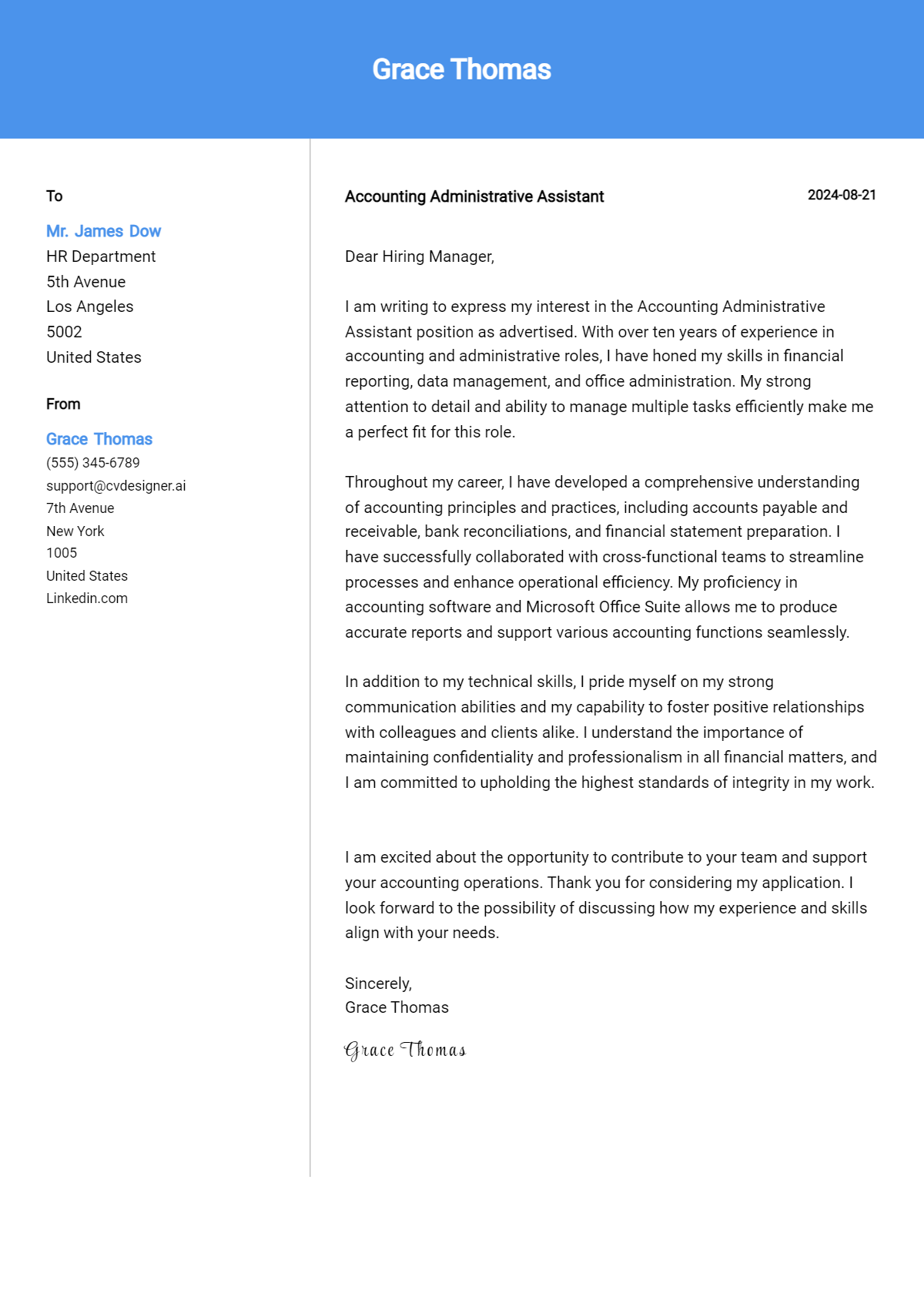Accounting Administrative Assistant Cover Letter Example for 2026 (Free Templates) Preview