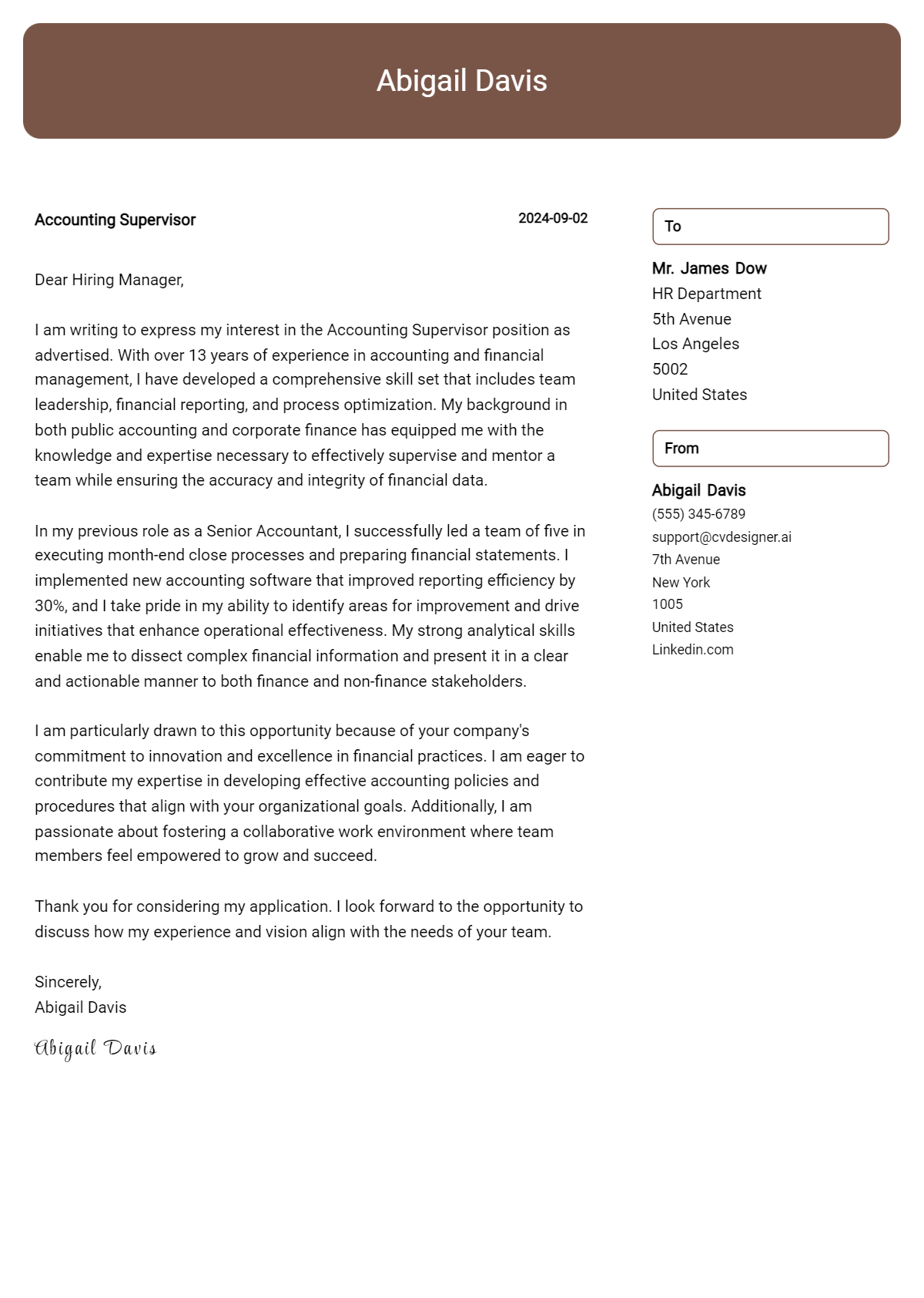 Accounting Supervisor Cover Letter Examples and Templates for 2026 Preview