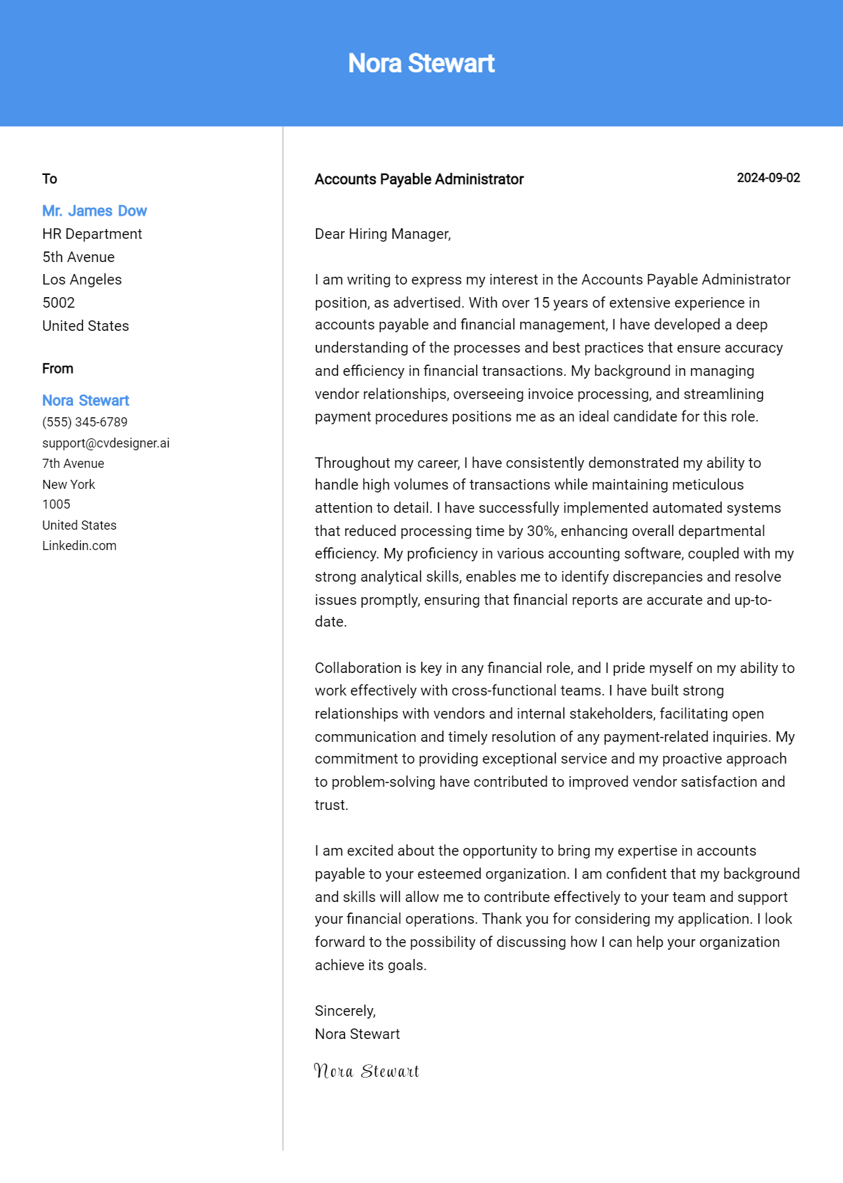 Accounts Payable Administrator Cover Letter Examples for 2026 (Downloadable) Preview