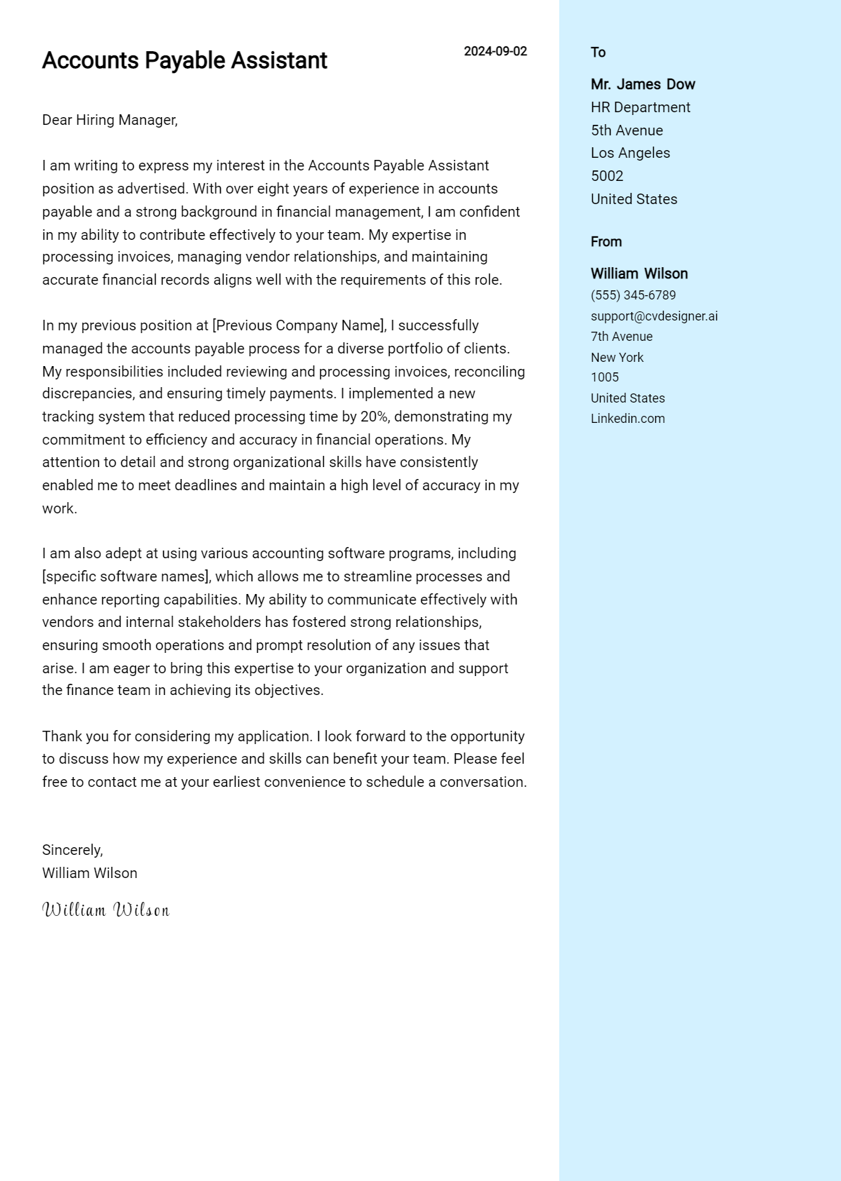 Accounts Payable Assistant Cover Letter Examples for 2026 (Downloadable) Preview