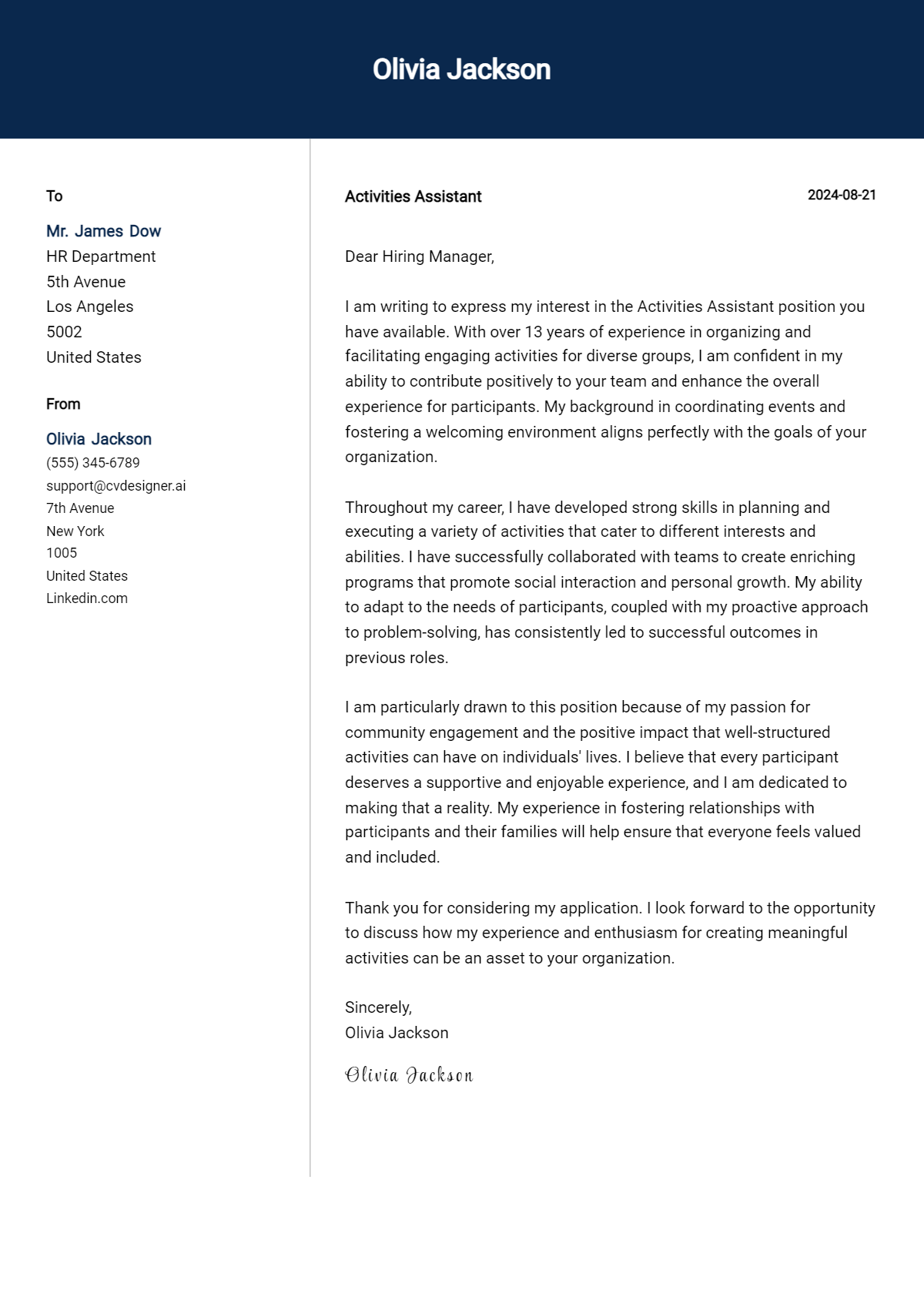 Activities Assistant Cover Letter Example for 2026: Top CV Skills Preview