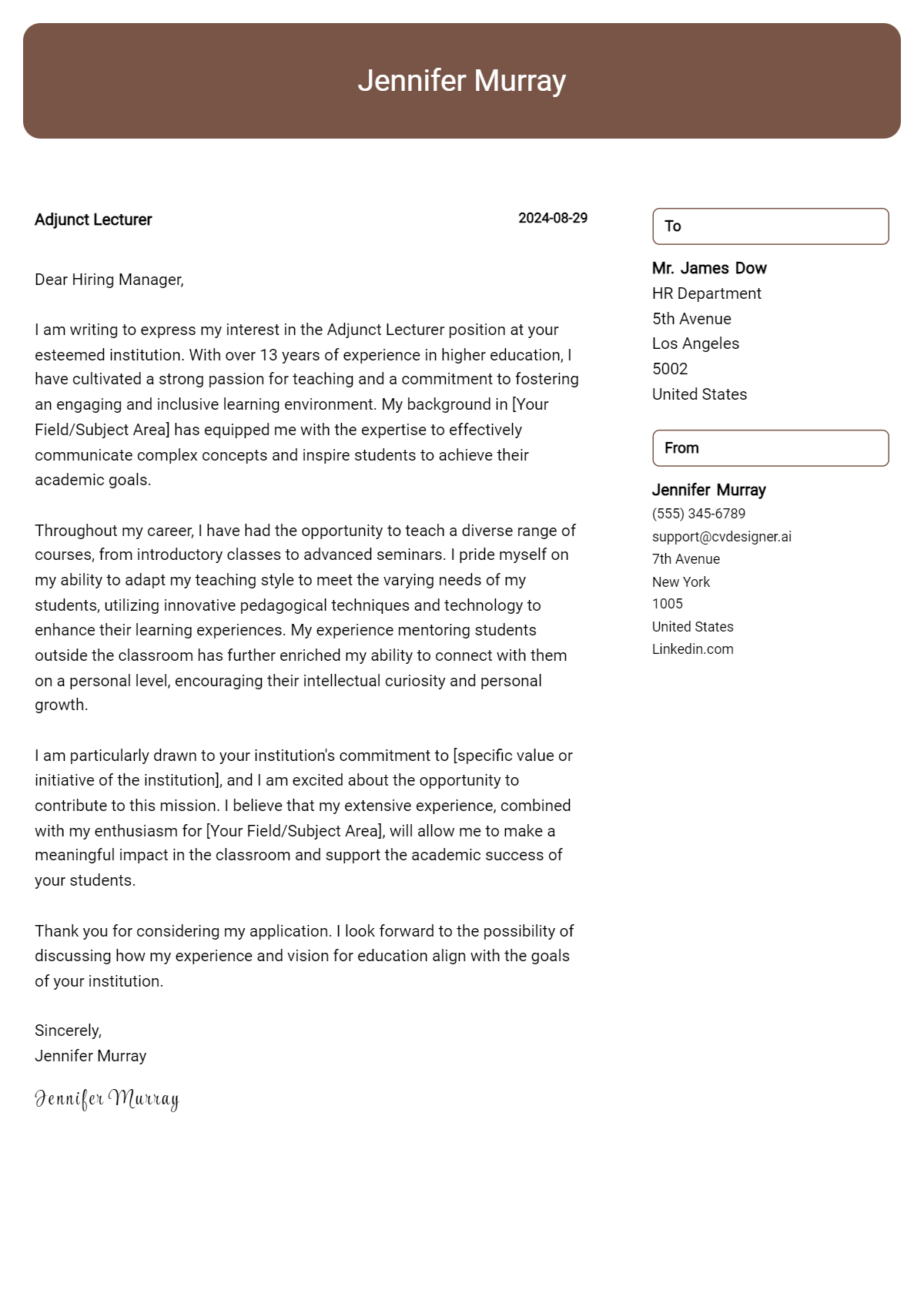Adjunct Lecturer Cover Letter Example for 2026 (Free Templates) Preview