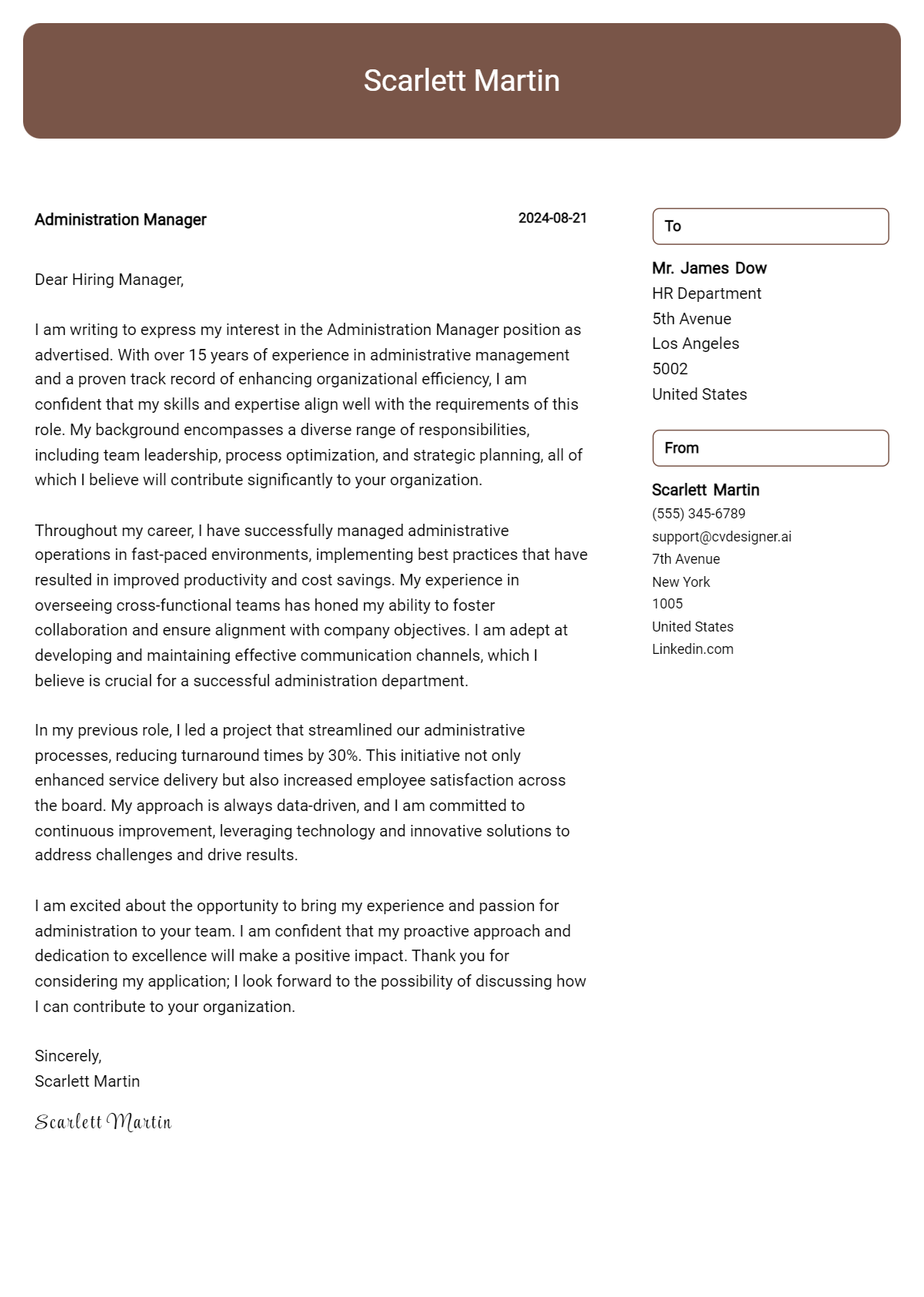 Administration Manager Cover Letter Examples for 2026 (Downloadable) Preview