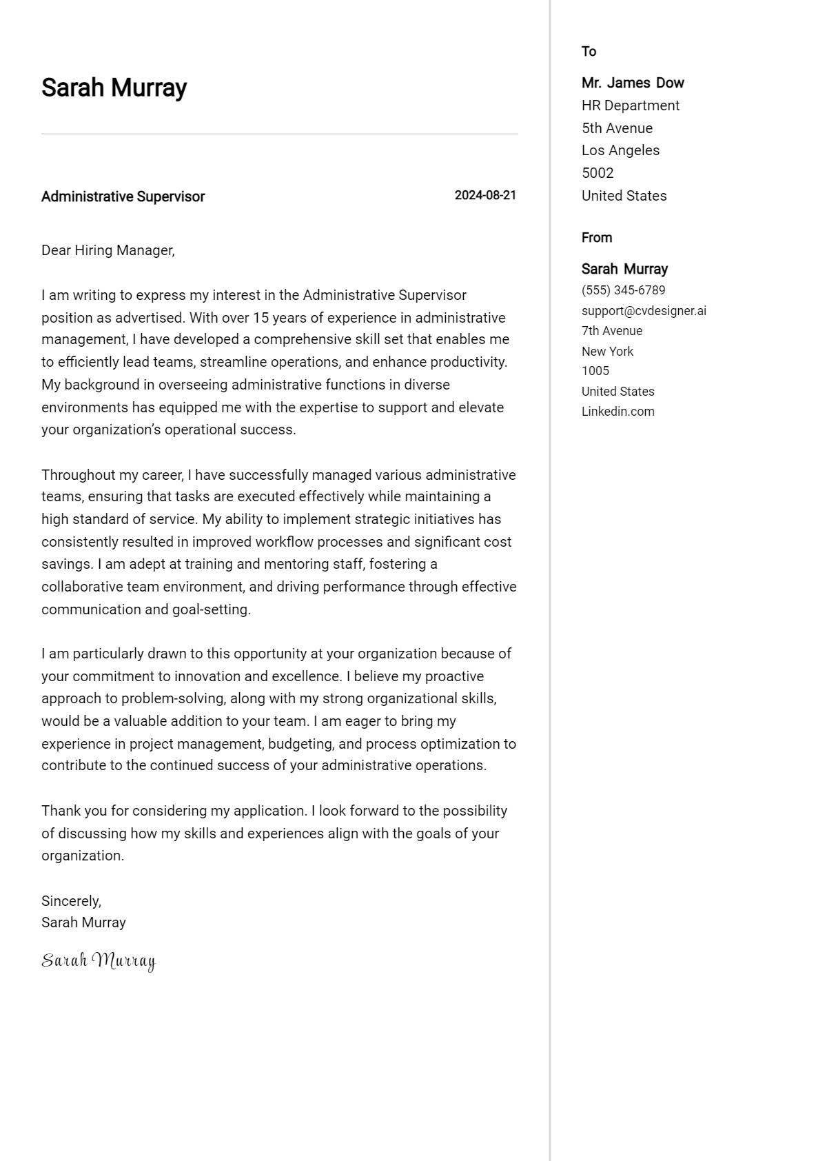 19 Administrative Supervisor Cover Letter Examples & Samples for 2026 Preview
