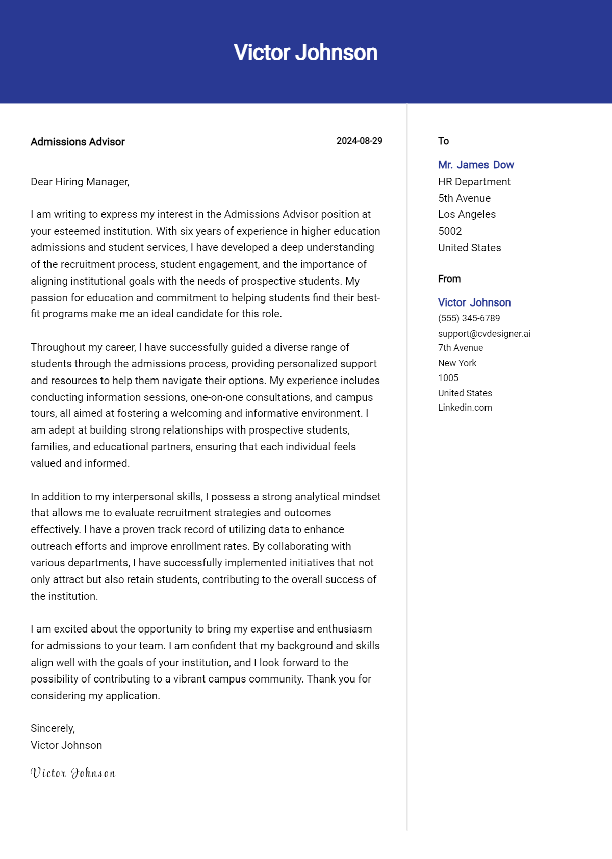 5 Admissions Advisor Cover Letter Examples for 2026: Tips & Templates Preview