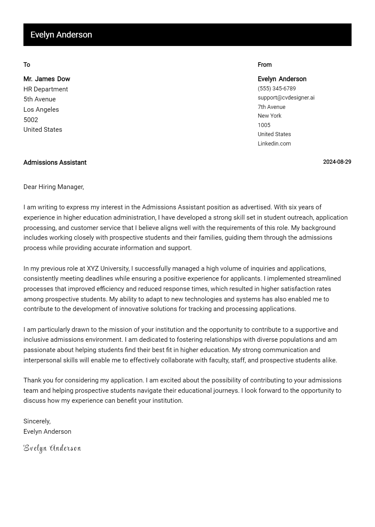 Admissions Assistant Cover Letter Example for 2026 (Free Templates) Preview