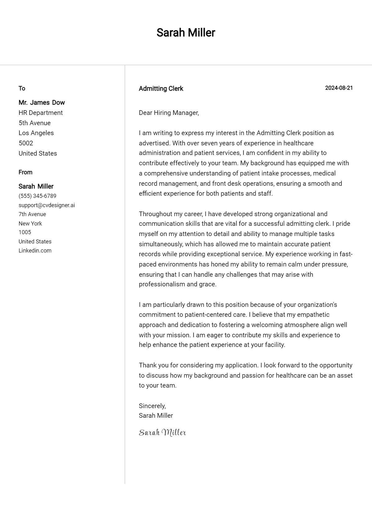 Admitting Clerk Cover Letter Samples & Examples 2026 Preview