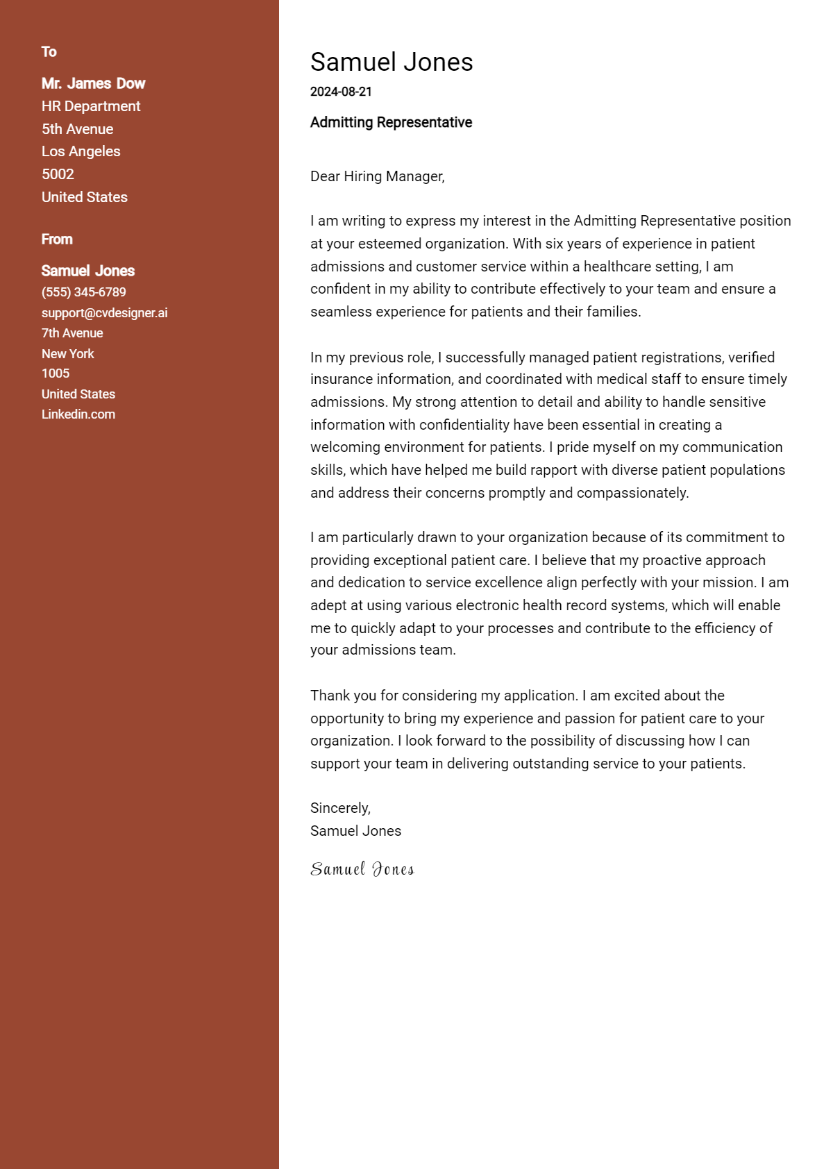 Admitting Representative Cover Letter Example for 2026 (Free Templates) Preview