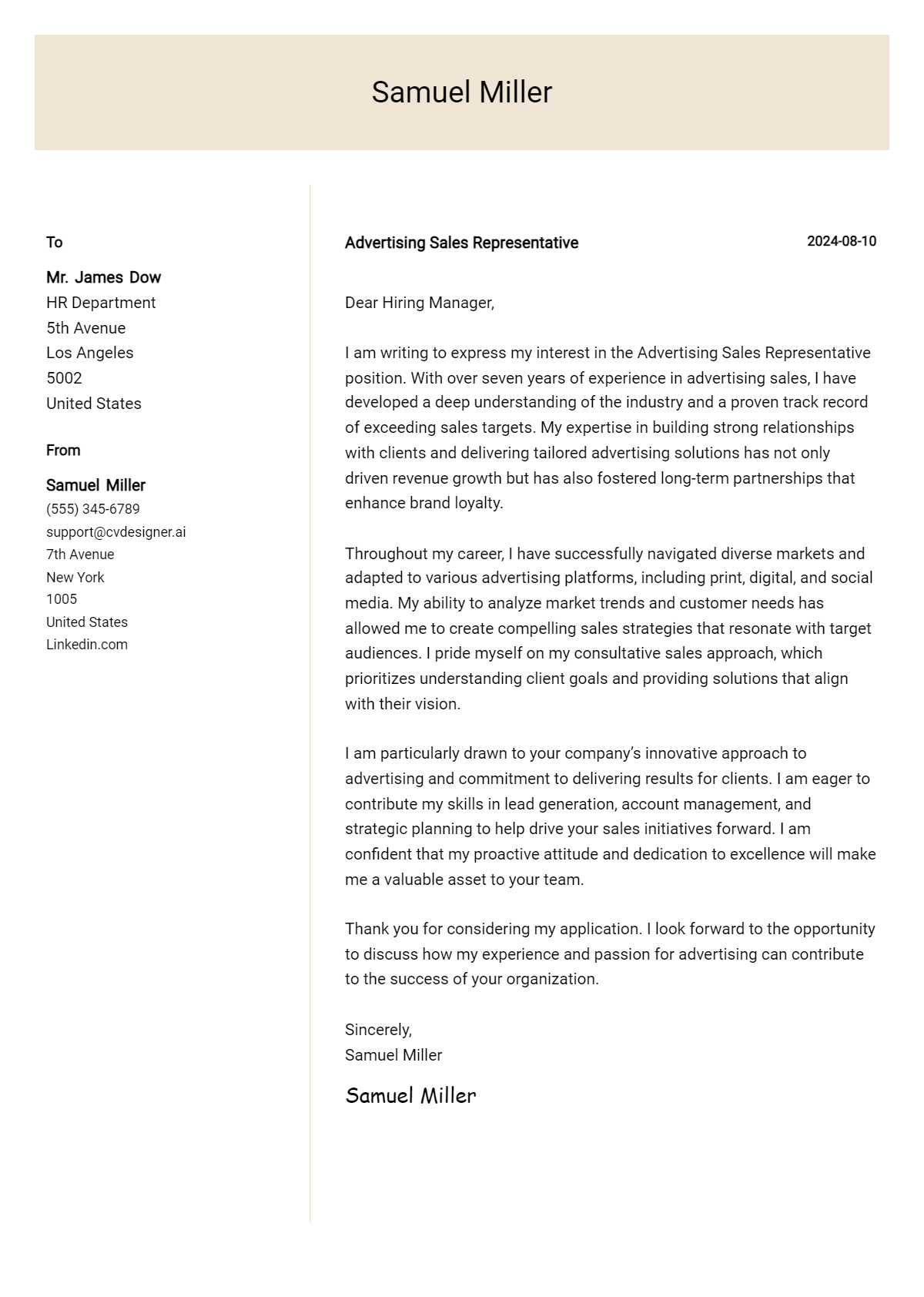 Advertising Sales Representative Cover Letter Example for 2026: Proven Tips Preview