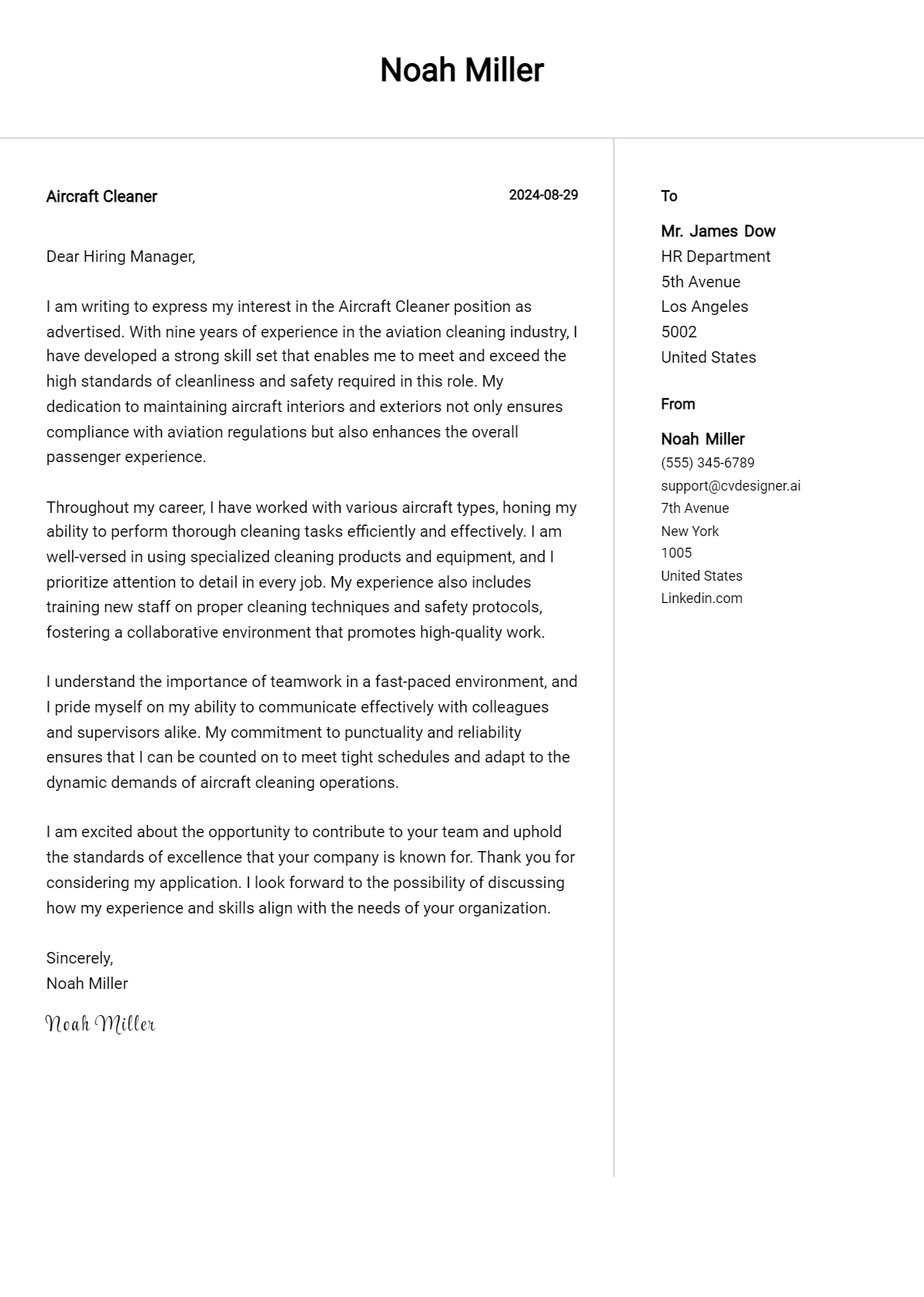 Aircraft Cleaner Cover Letter Example for 2026: Ultimate Guide Preview