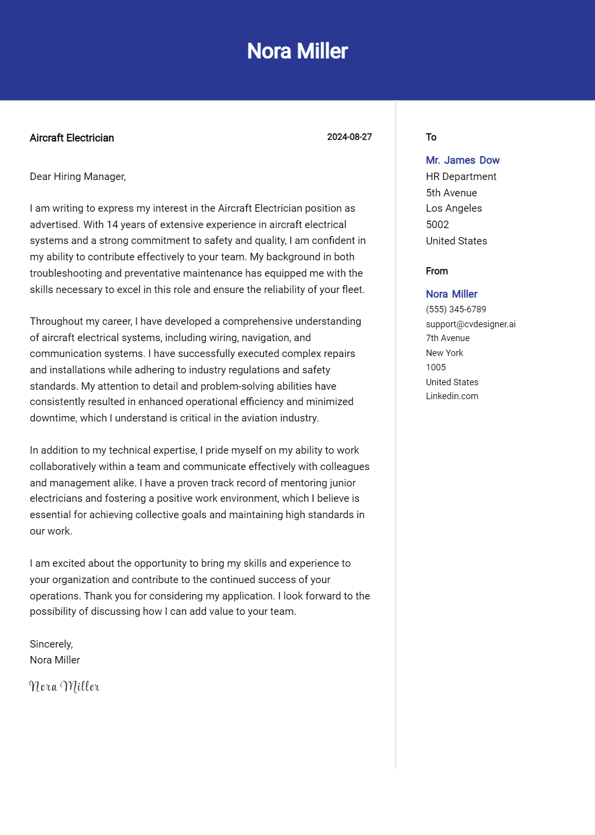 Aircraft Electrician Cover Letter Example for 2026 (Writing Guide) Preview