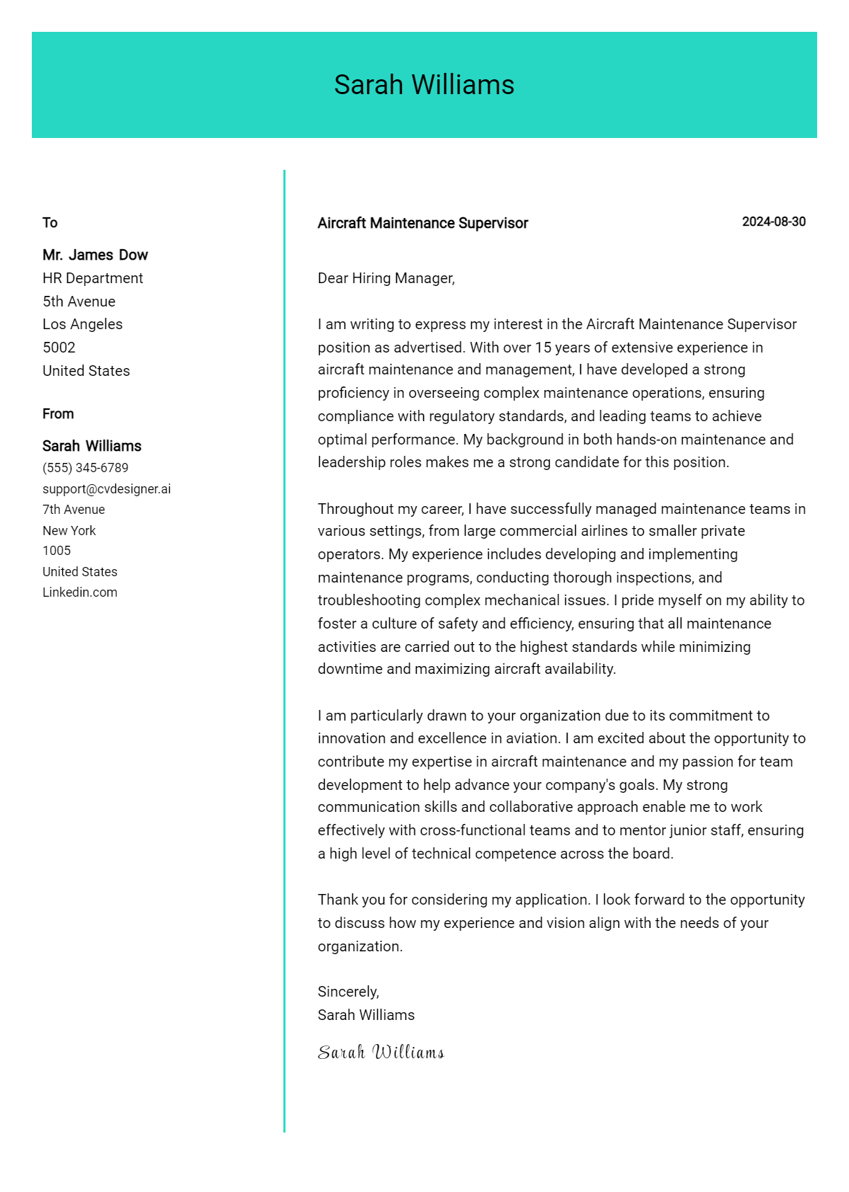 Aircraft Maintenance Supervisor Cover Letter Examples and Templates for 2026 Preview