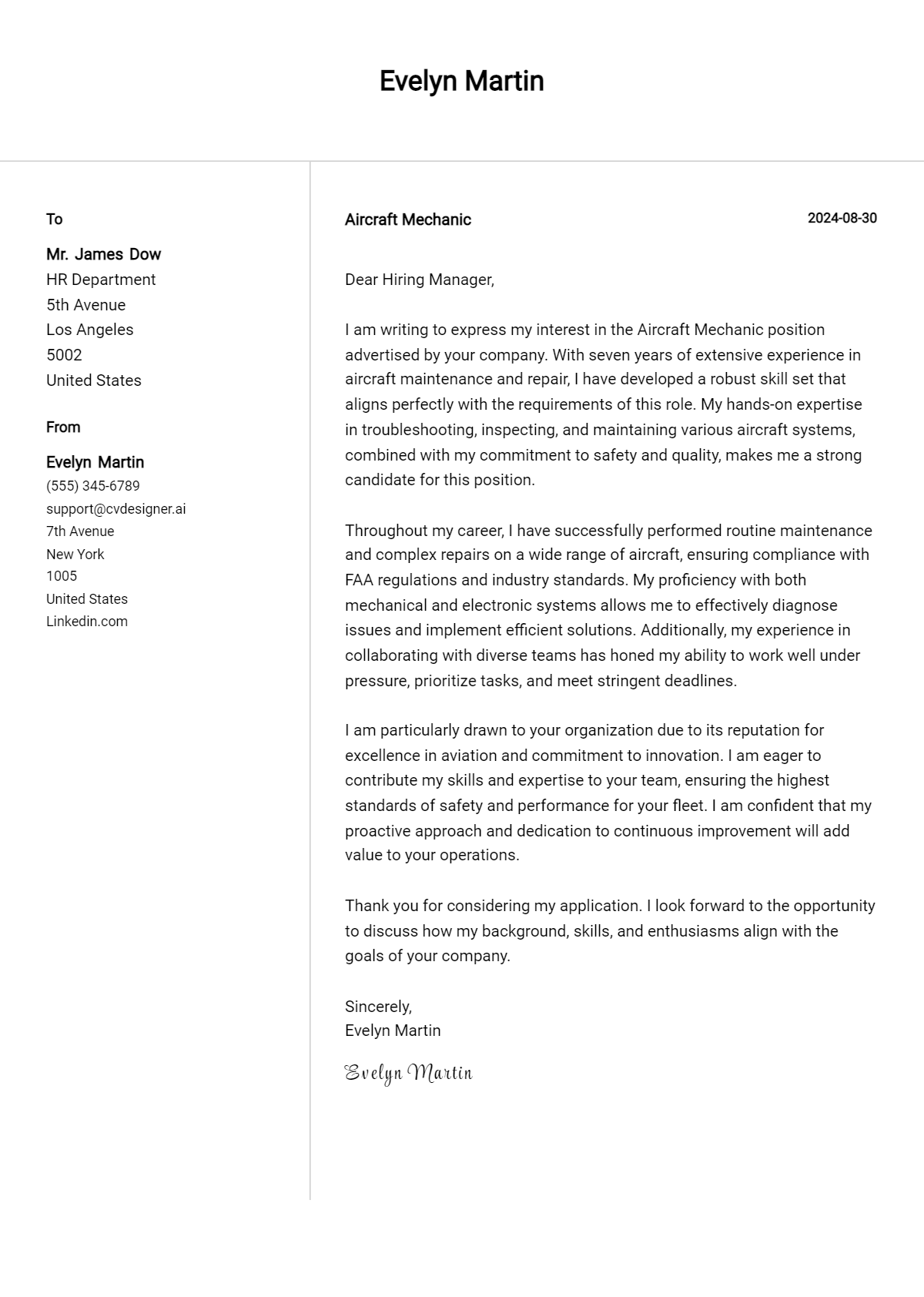 8 Aircraft Mechanic Cover Letter Examples for 2026 (Complete Writing Guide) Preview