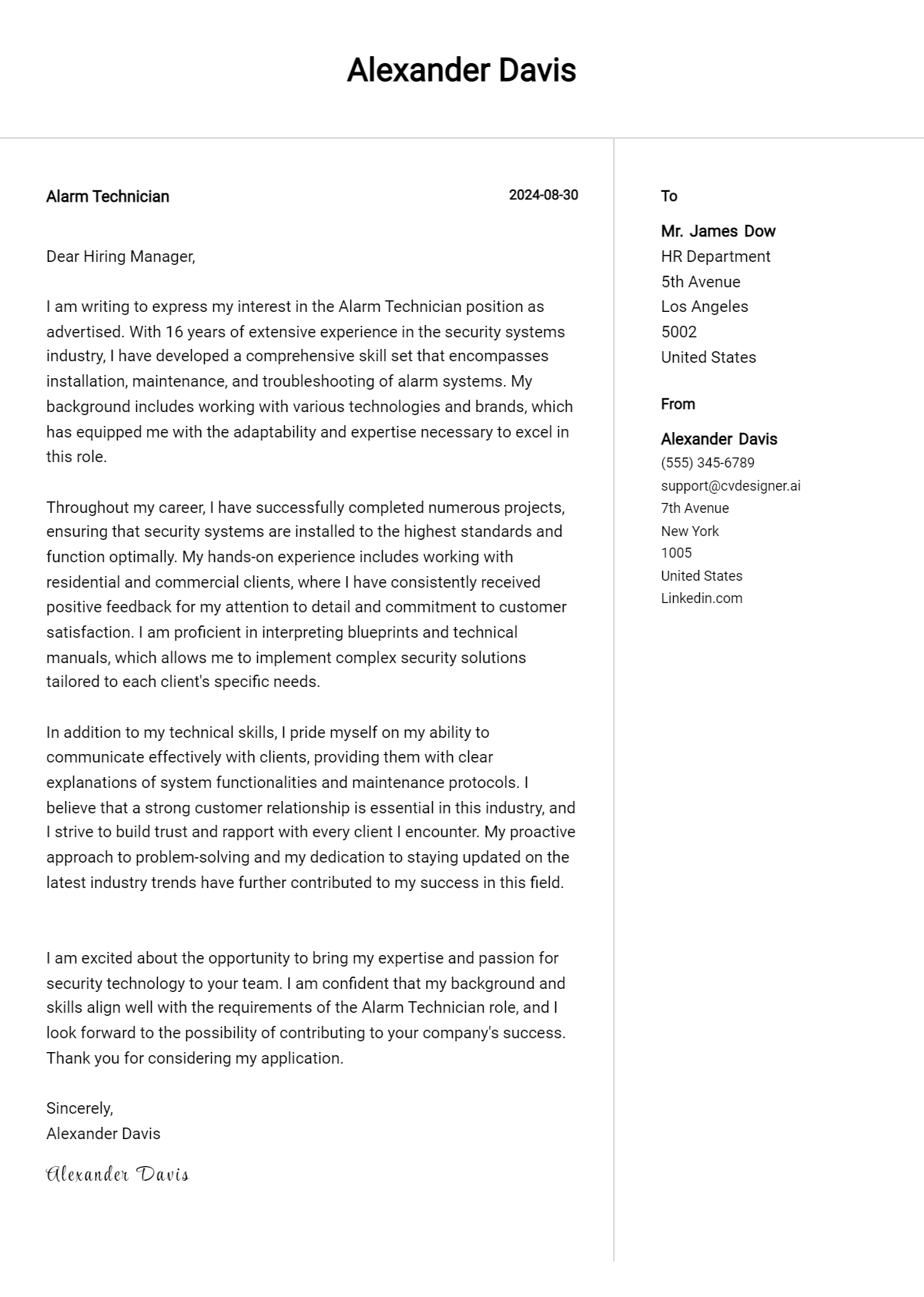 Alarm Technician Cover Letter Examples and Templates for 2026 Preview